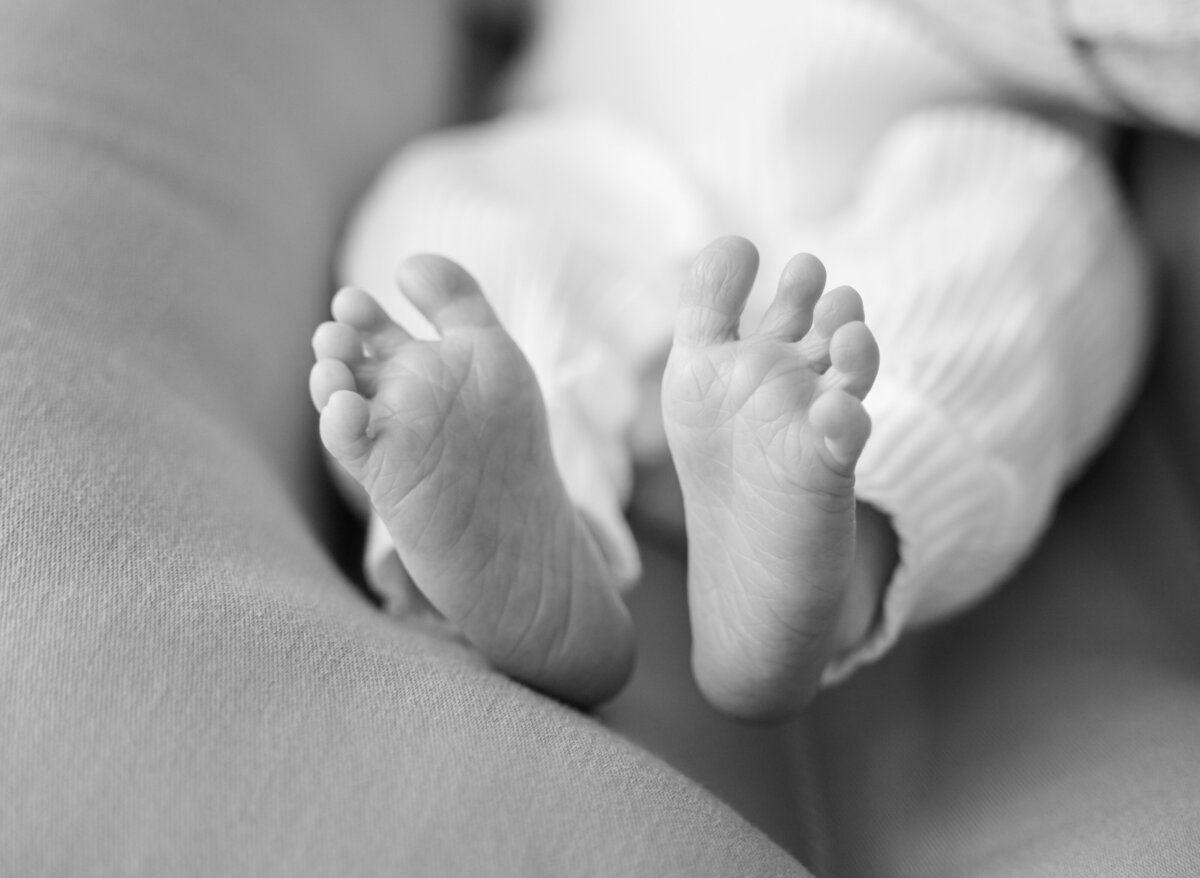 Detailed photo of baby's feet and toes in black and white taken in Stamford, CT