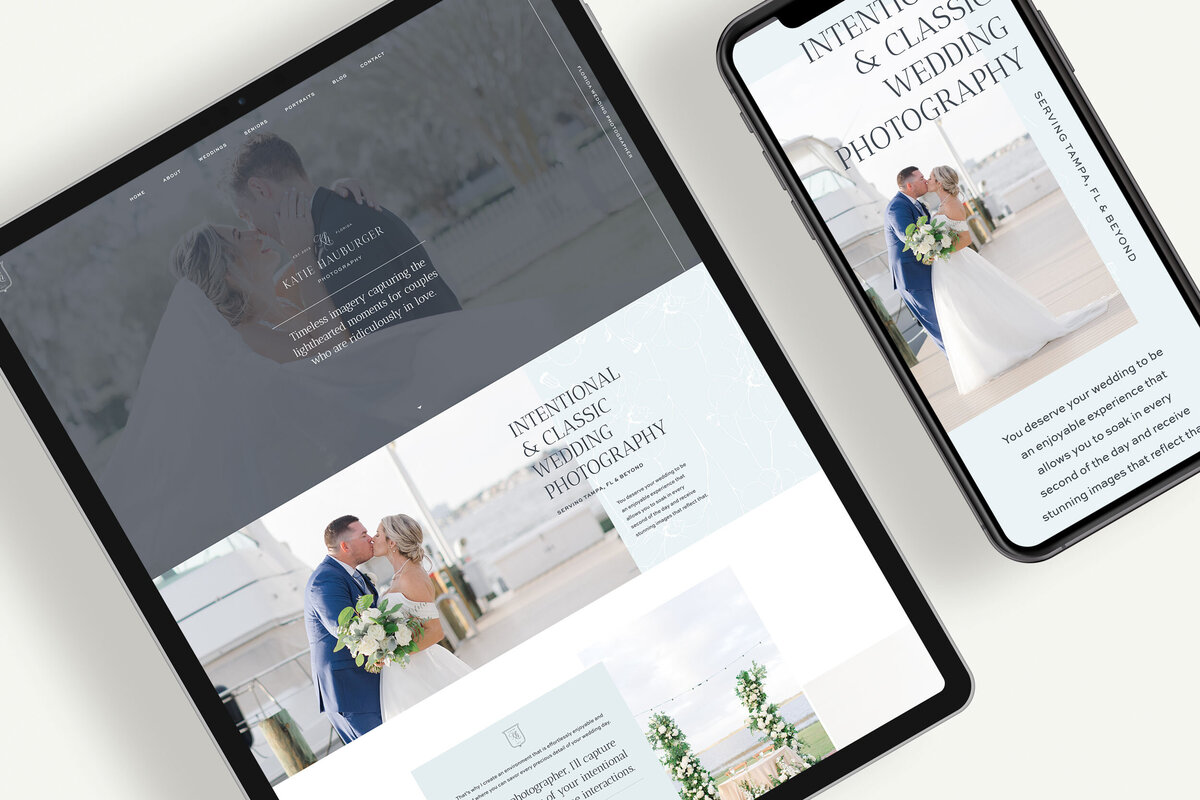 a mockup of a blue and white website for a photographer