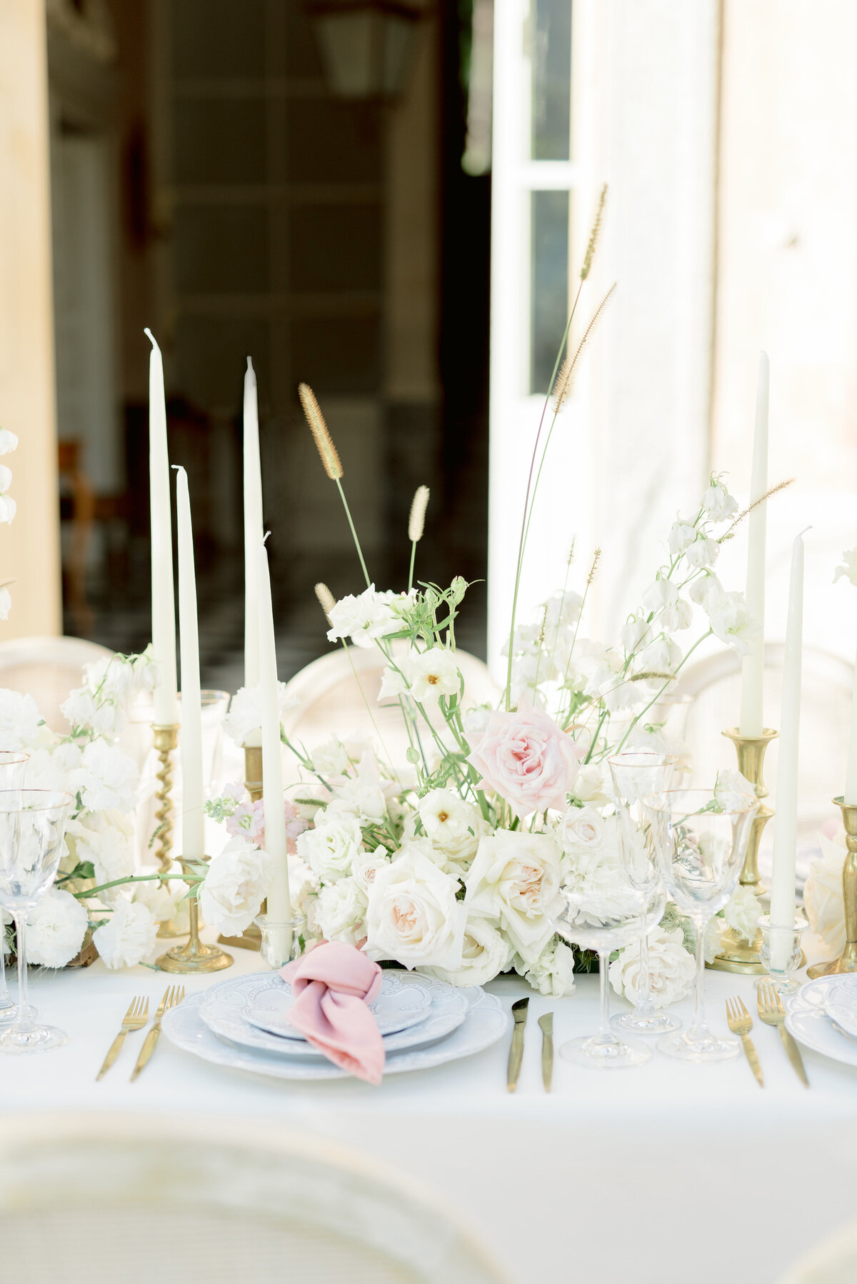 Soft pink and cream wedding table styling centrepieces with  taper candles, image by Jill Cherry Porter, Villa Pizzo, Lake Como