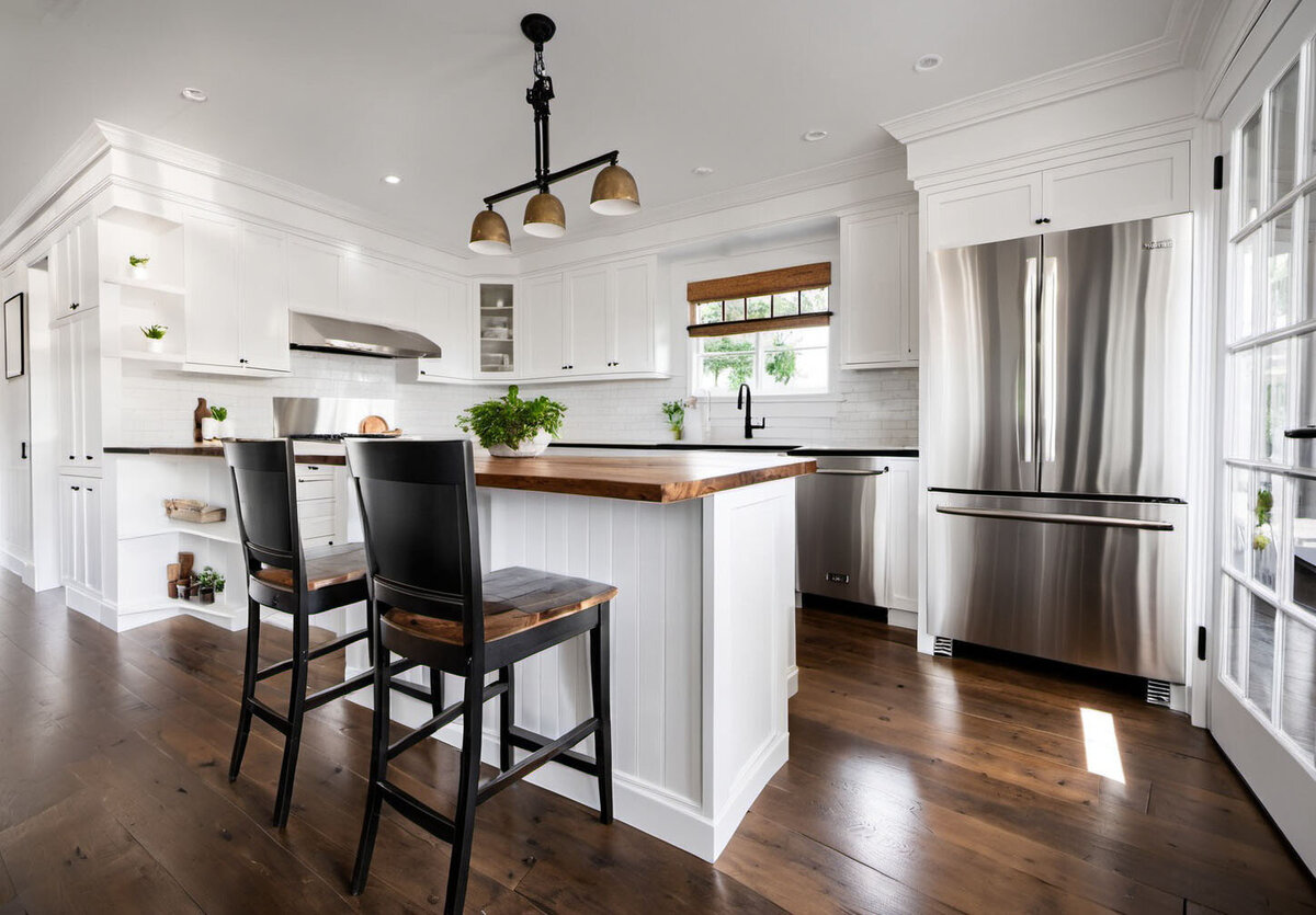 2024-02-07 12-07-36 - farmhouse kitchen, white walls, white ceiling, wood counter