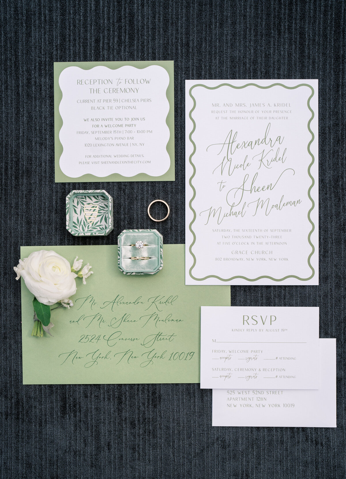 Sage green, white and scalloped wedding invitations by Southern Fried Paper