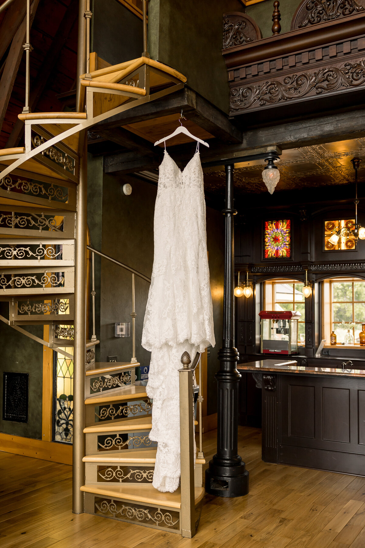 Detail photo of wedding dress hanging at Crooked Willow in Osakis Minnesota