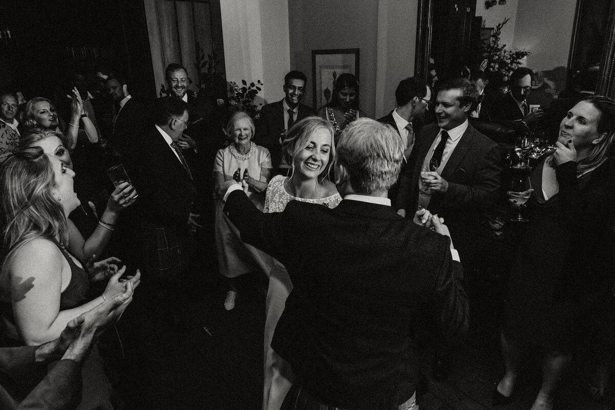 Elegant black and white image of couple taking their first dance at Hotel Endsleigh in Devon