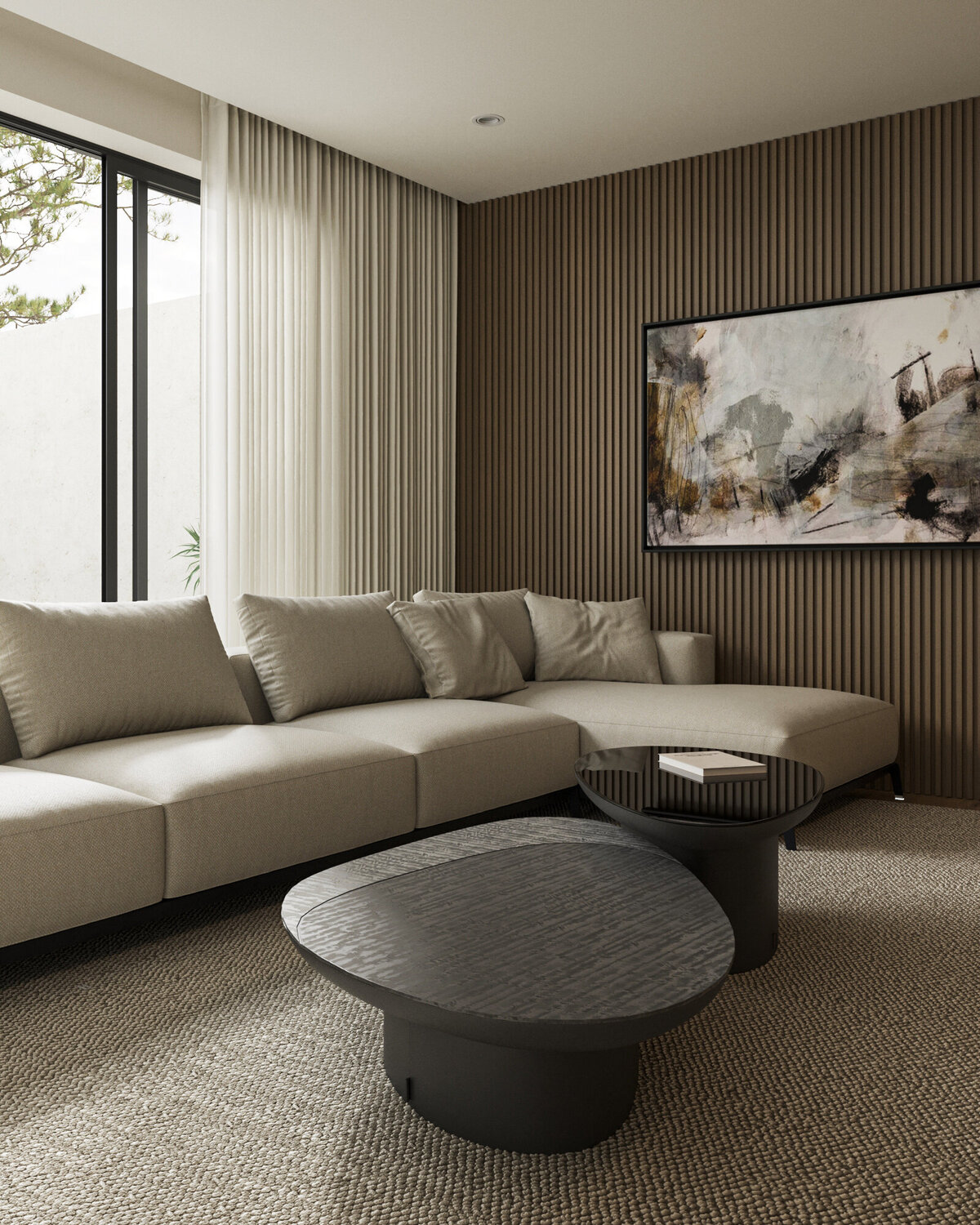 living room with wood feature walls rendering