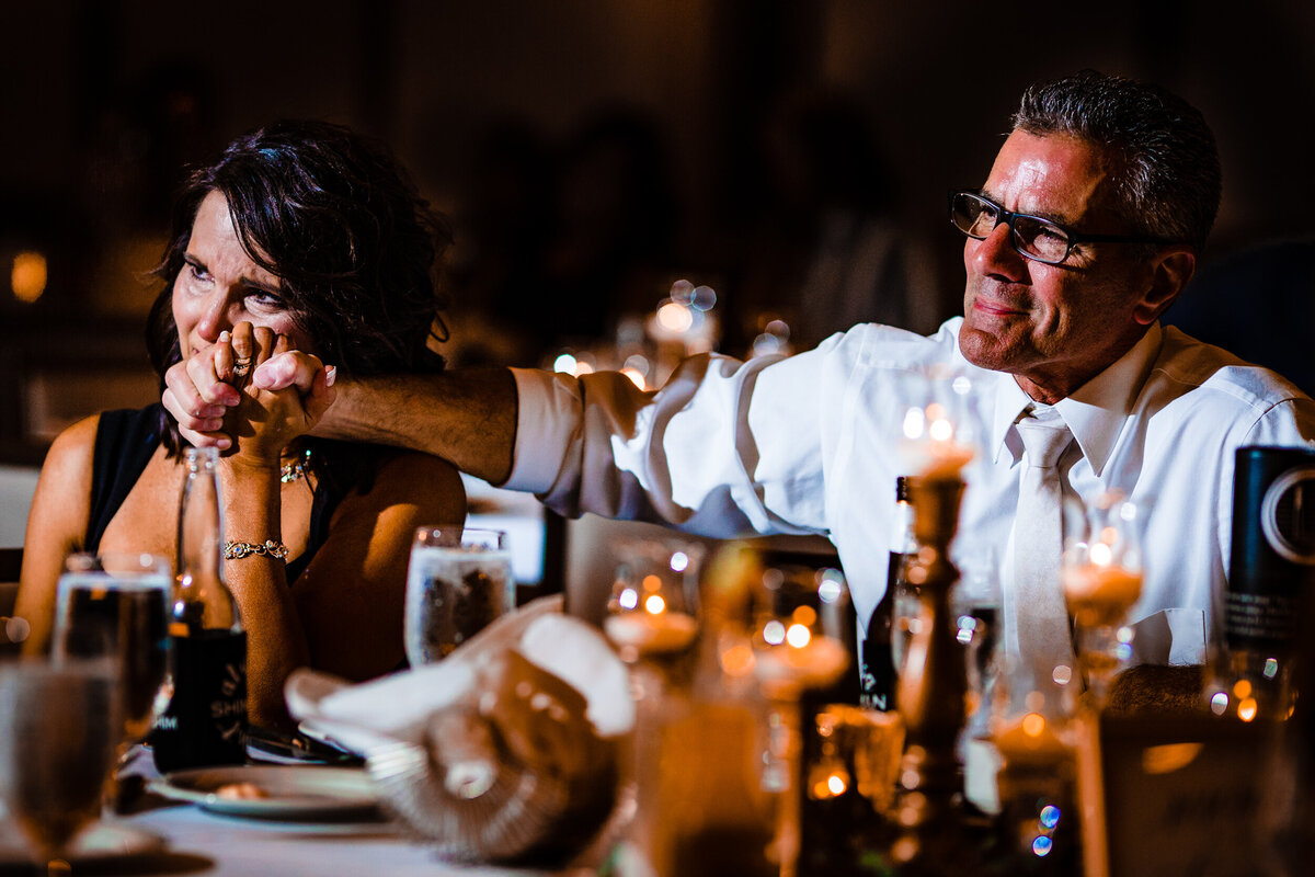 One of the top wedding photos of 2020. Taken by Adore Wedding Photography- Toledo, Ohio Wedding Photographers. This photo is of a brides parents crying during the speeches of the reception at the Renaissance Hotel in TOledo Ohio