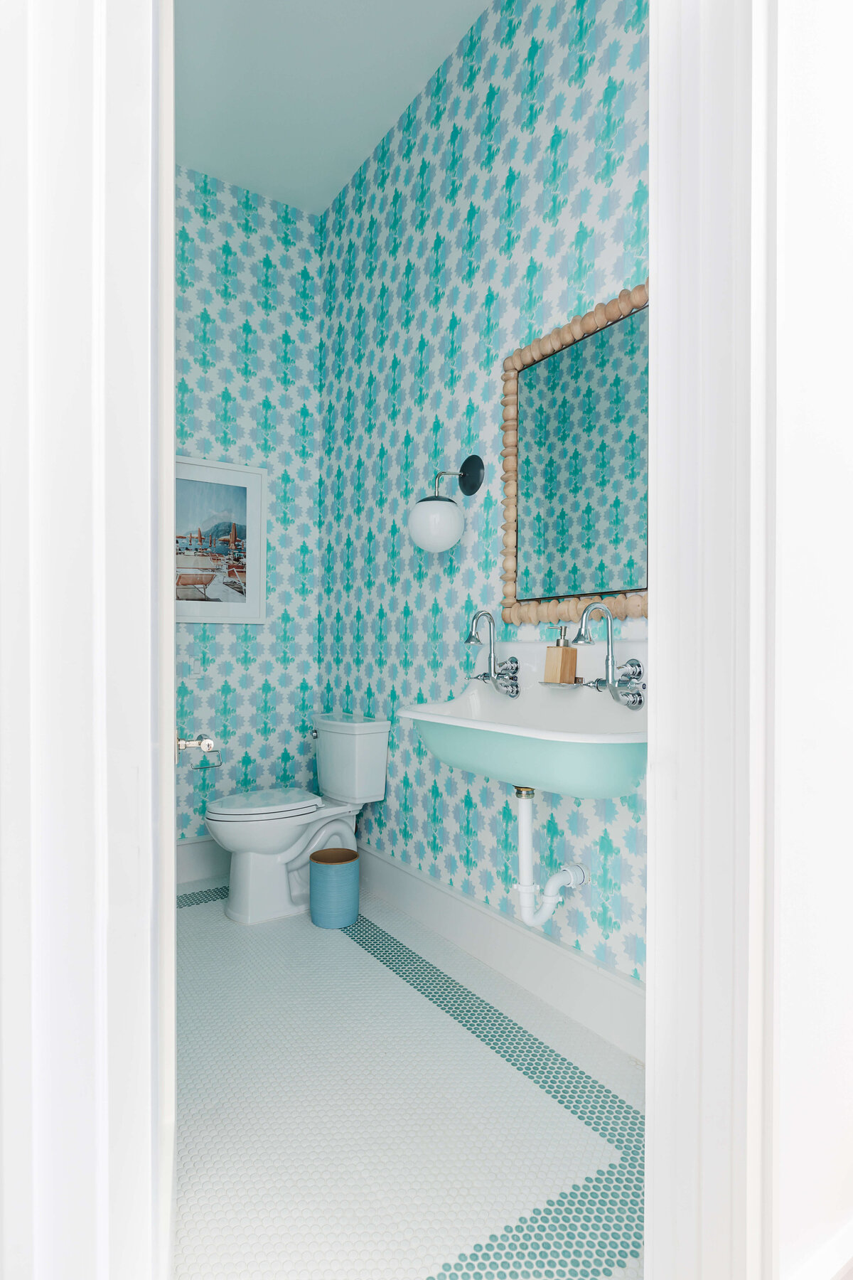 oyster creek studios memorial new build bright blue pattern wallpaper in bathroom