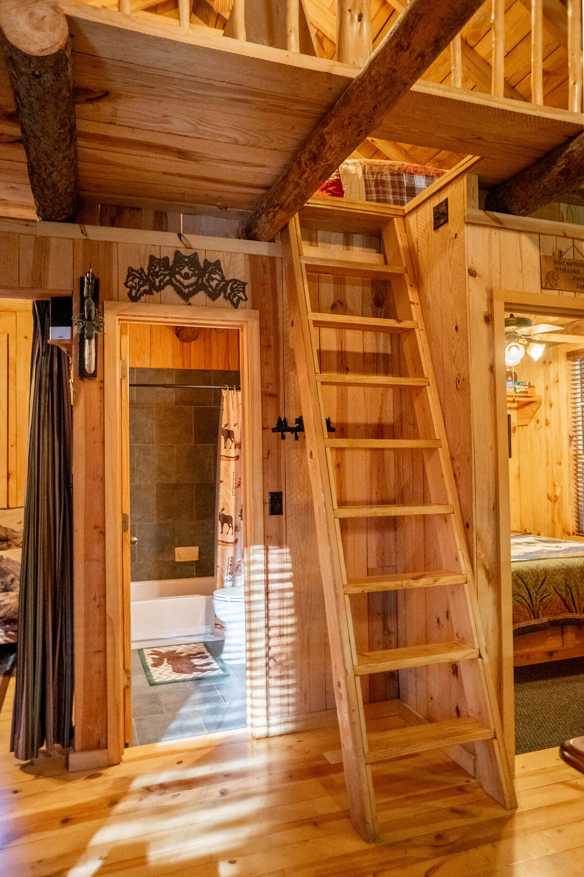 Step ladder that goes to loft bedroom inside of cabin