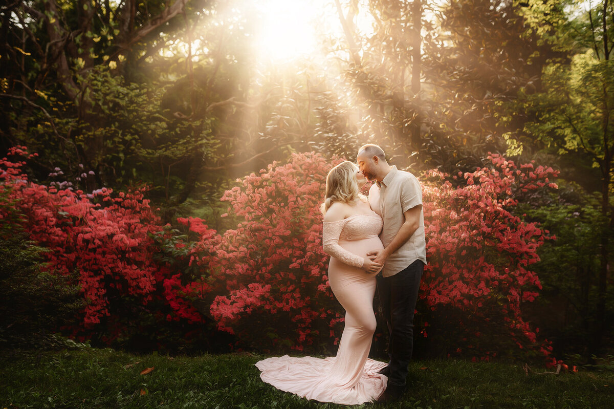 Expectant parents pose for Maternity Photoshoot at Biltmore Estate in Asheville, NC.