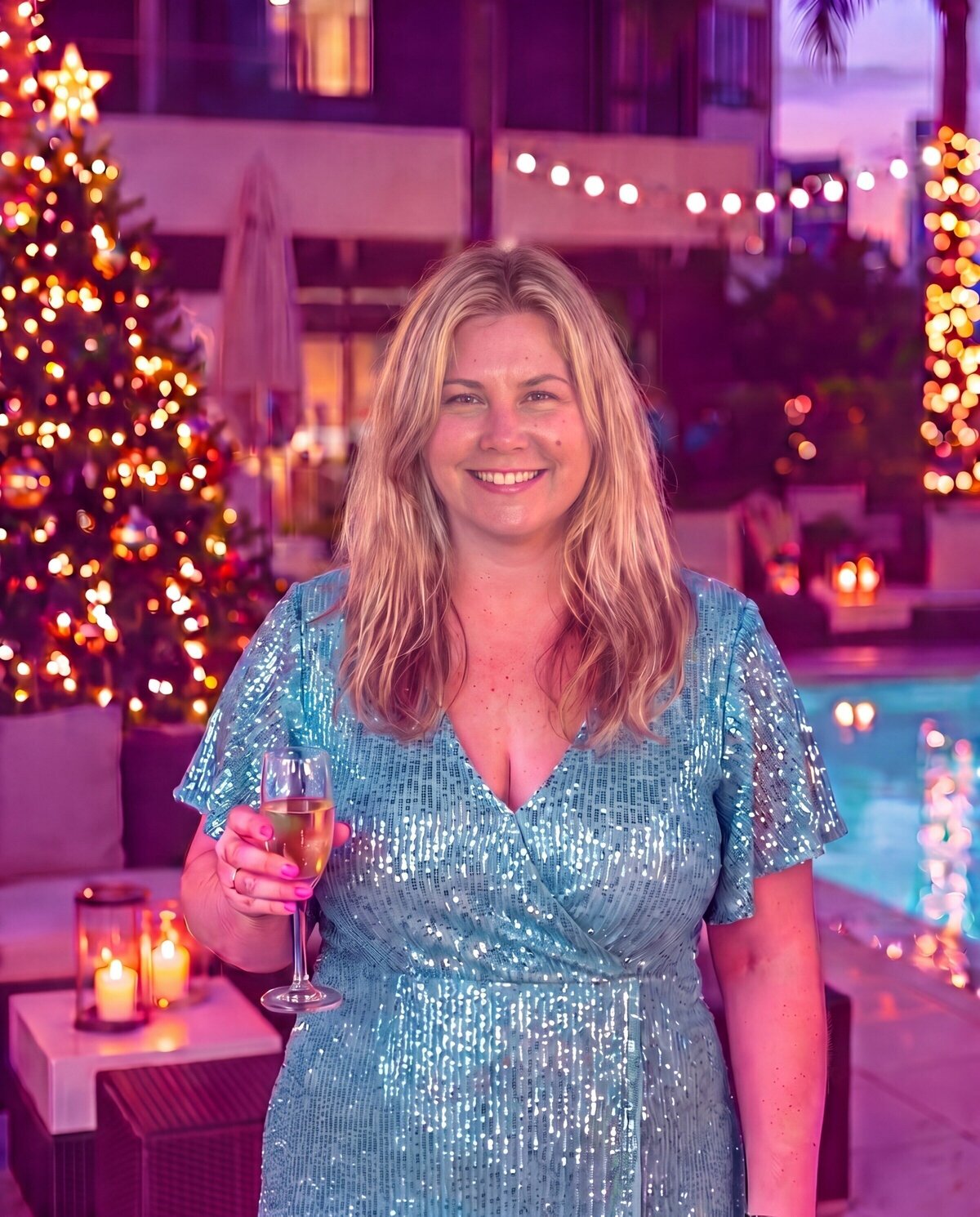 Renee in a turquoise sequin cocktail dress holding champagne by a hotel pool at night, with a Christmas tree and fairy lights behind her