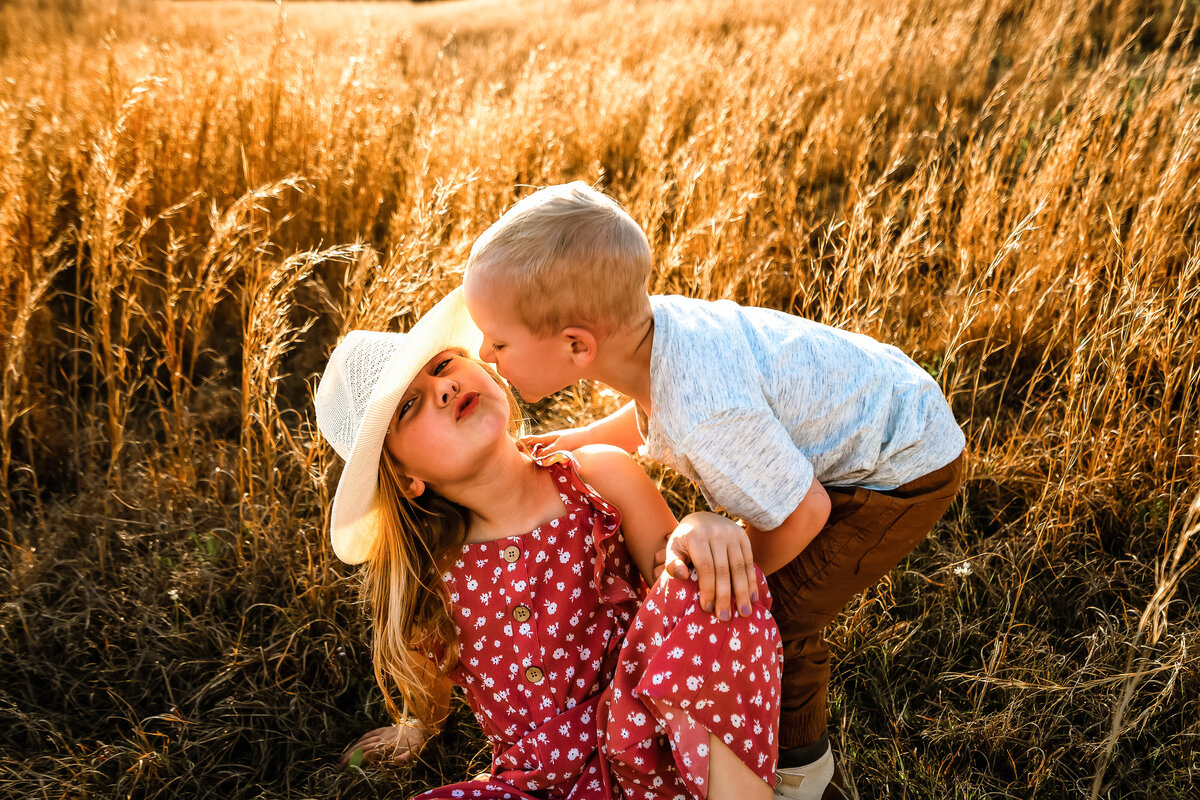 Brother kissing sister on the cheek in a field summer time