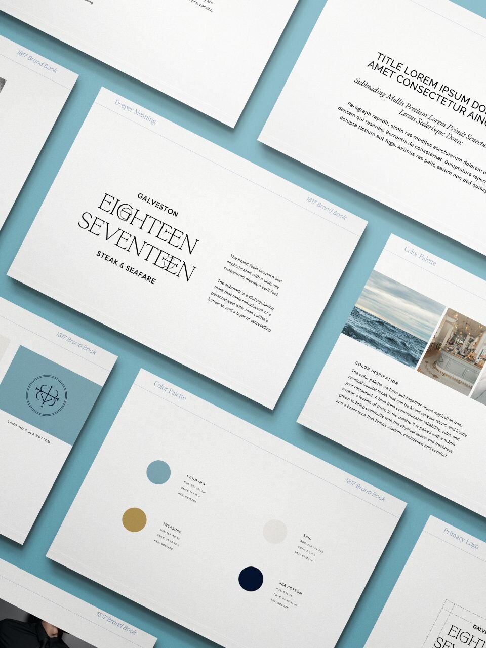 Brand book presentation showing restaurant logo, color palette, and strategic messaging, created to guide a unified and elevated brand experience.