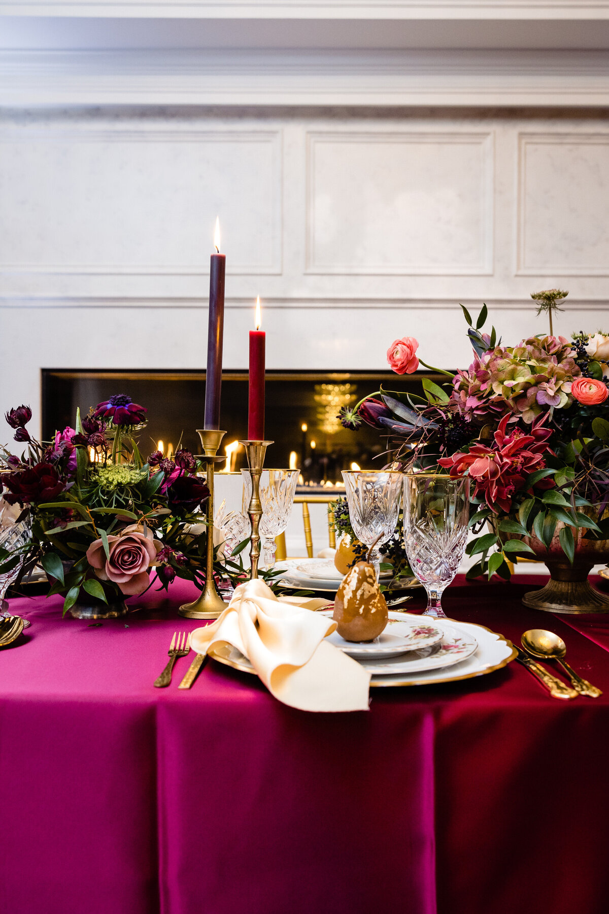 Purple gothic wedding tablescape