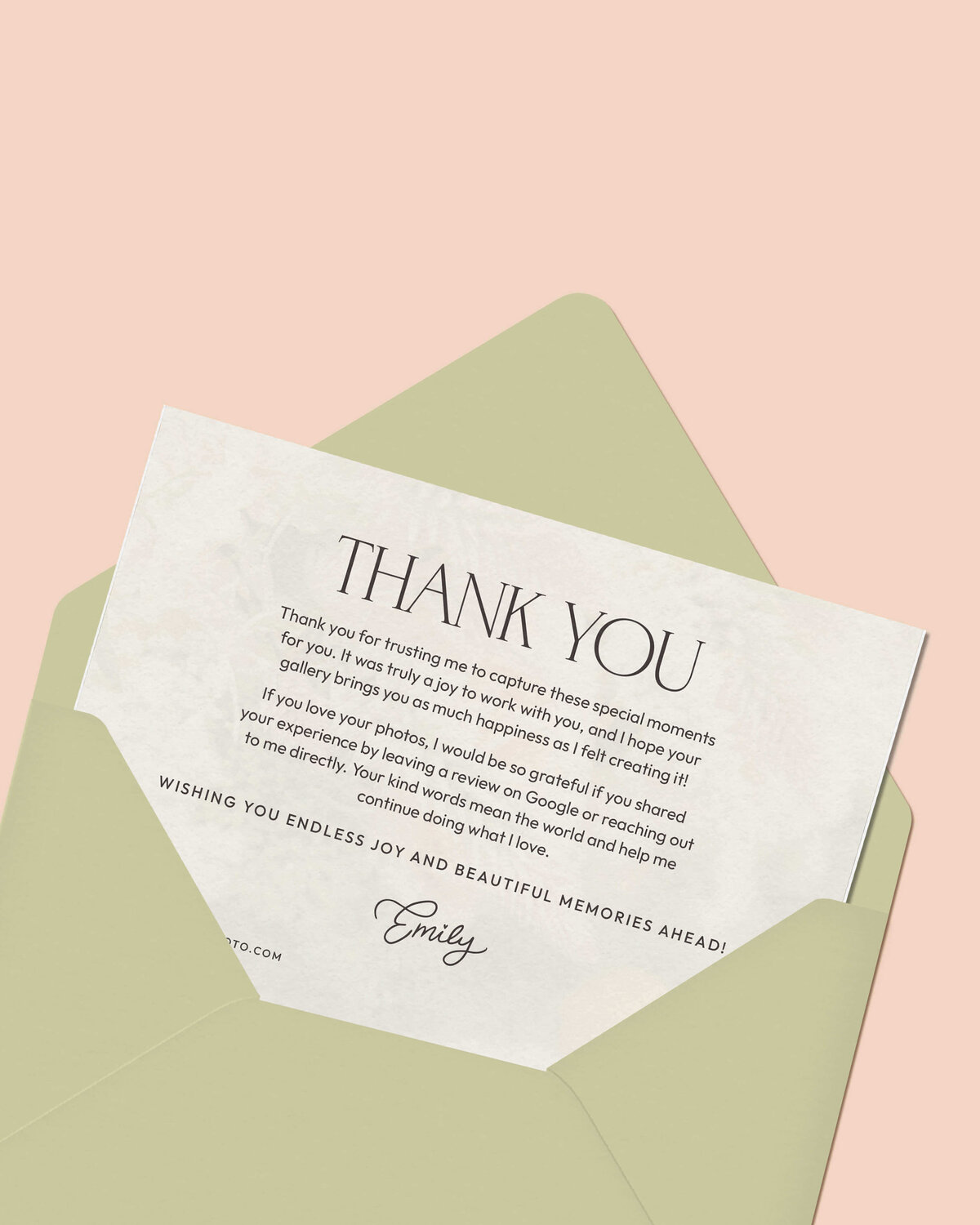 Custom branded thank you card design for photographers to elevate client experience and reinforce a romantic, luxury brand identity.