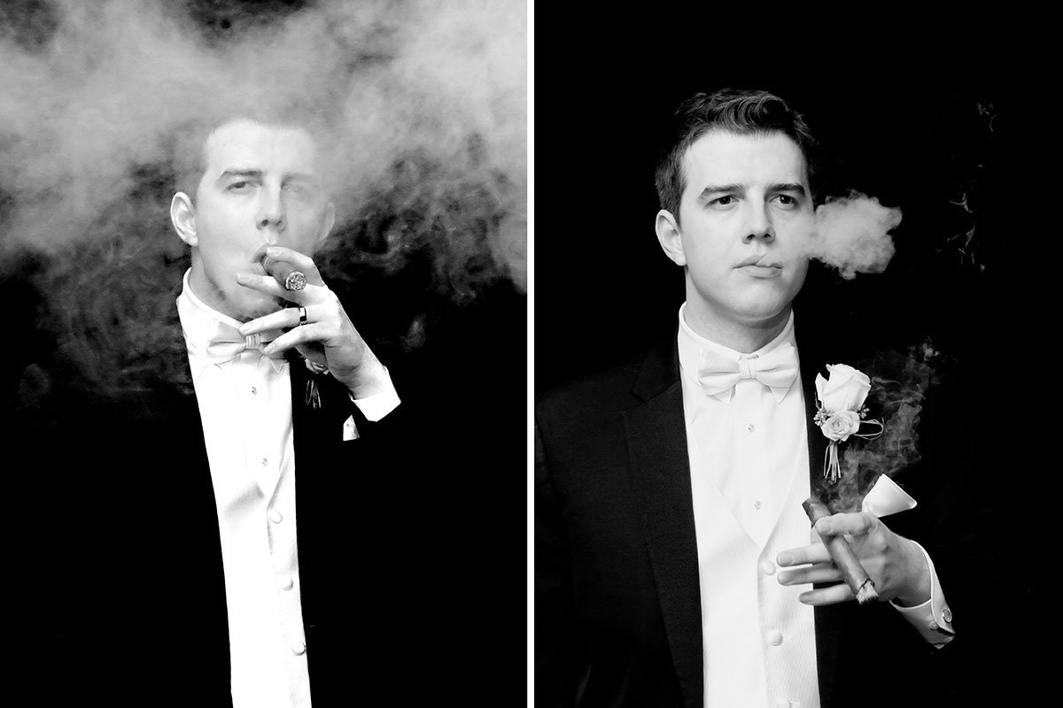groom smoking cigar wedding photo