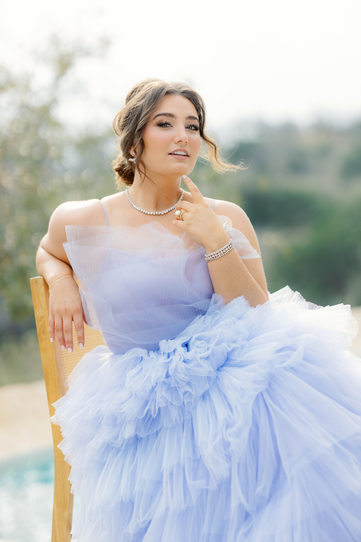 Bride wears blue dress