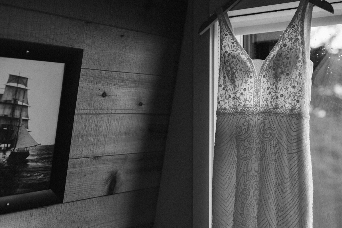Dress hanging in a window