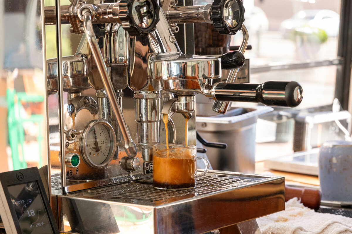 A double shot of espresso being pulled on the Buspresso mobile barista bus in Denver, Colorado