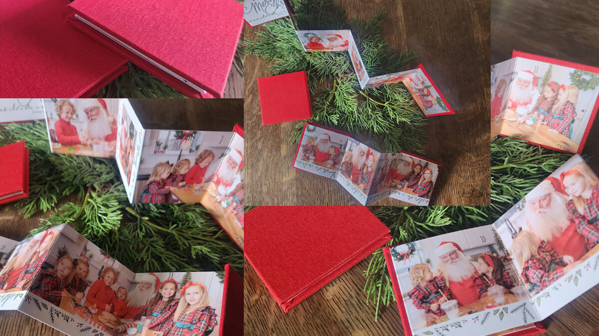 Santa photographer Atlanta, GA mini accordion books with red cover and Santa images inside