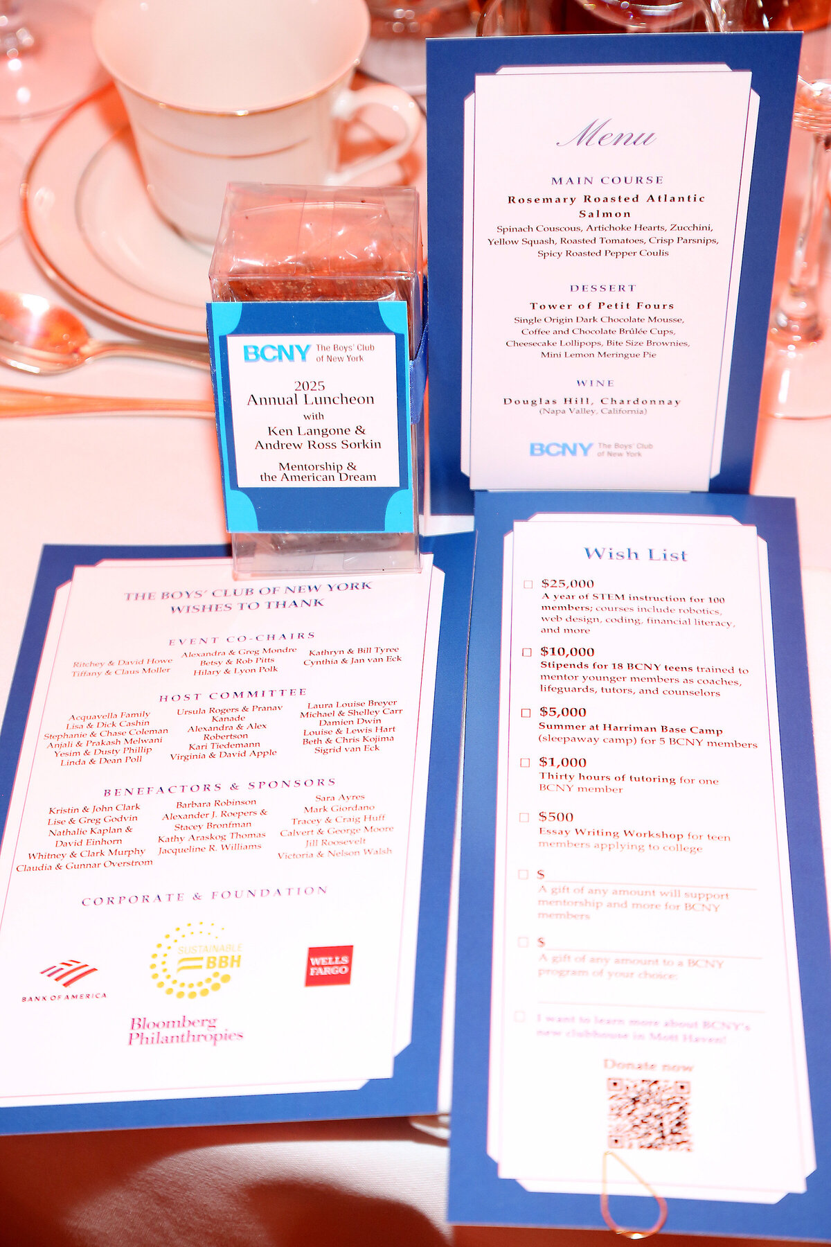Close-up of the BCNY Annual Luncheon 2025 printed menu and program card placed on a dining table.