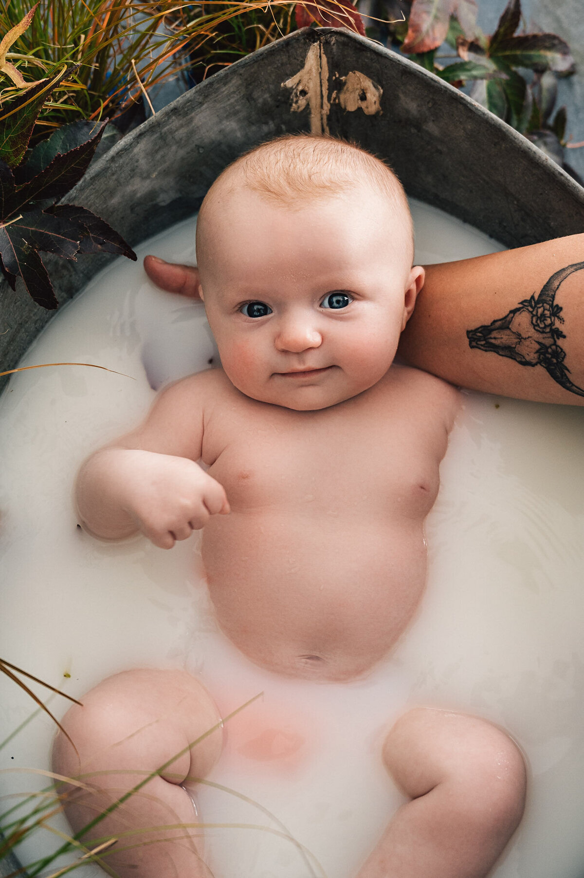baaby boy looking at camera in milkbath