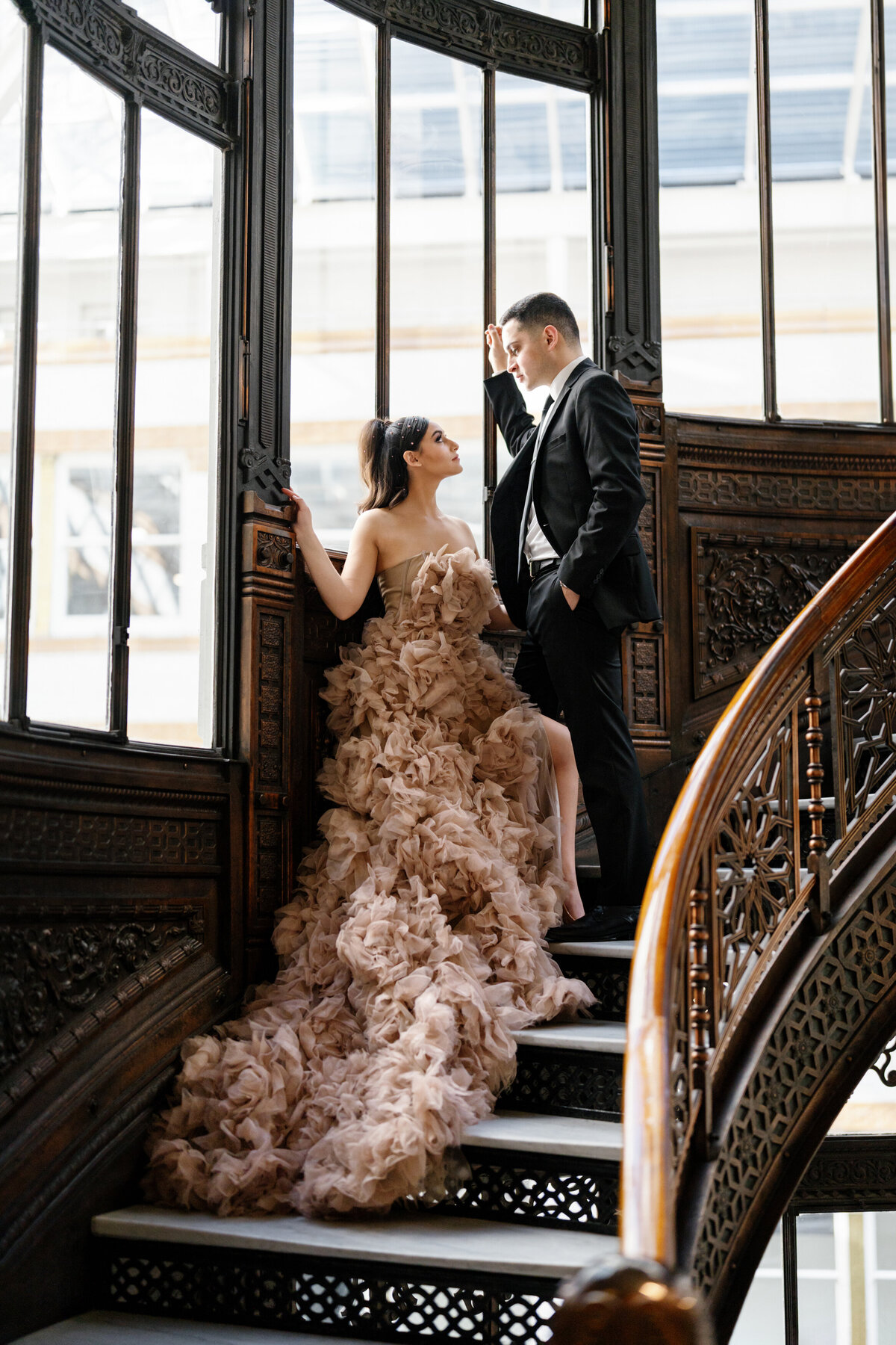 Aspen-Avenue-Chicago-Wedding-Photographer-Rookery-Engagement-Session-Histoircal-Stairs-Moody-Dramatic-Magazine-Unique-Gown-Stemming-From-Love-Emily-Rae-Bridal-Hair-FAV-13