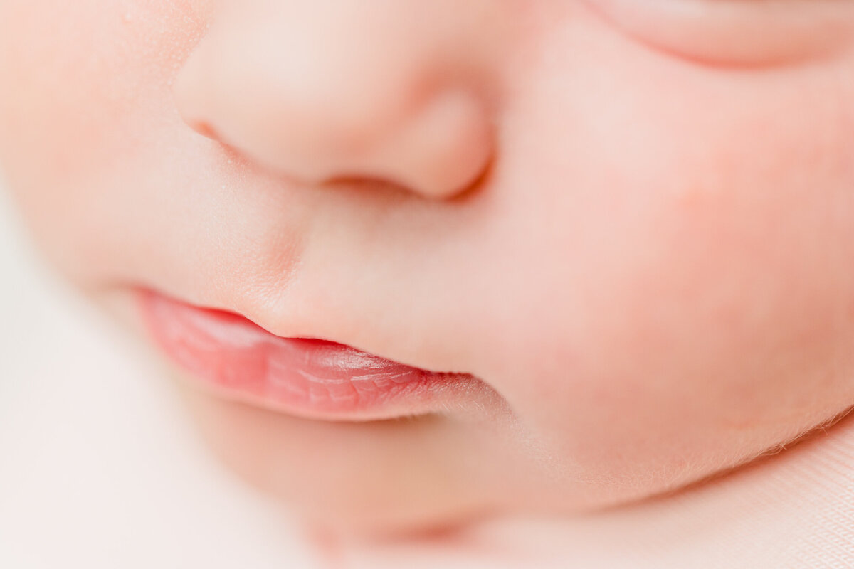 Close up detail image of a newborn's lips and nose