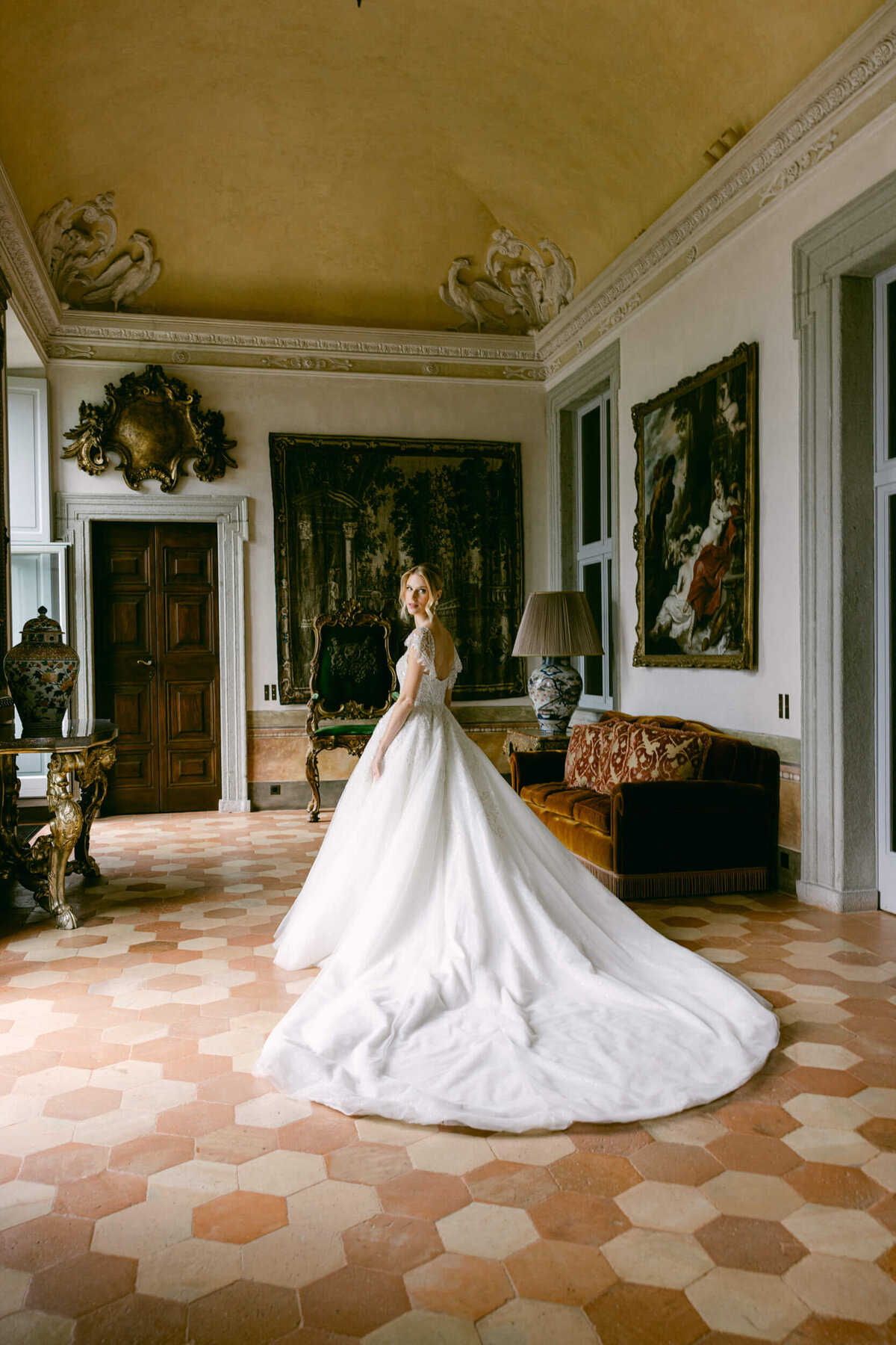A wedding photo of a bride in her white wedding dress at Villa Balbiano on Lake Como in Italy