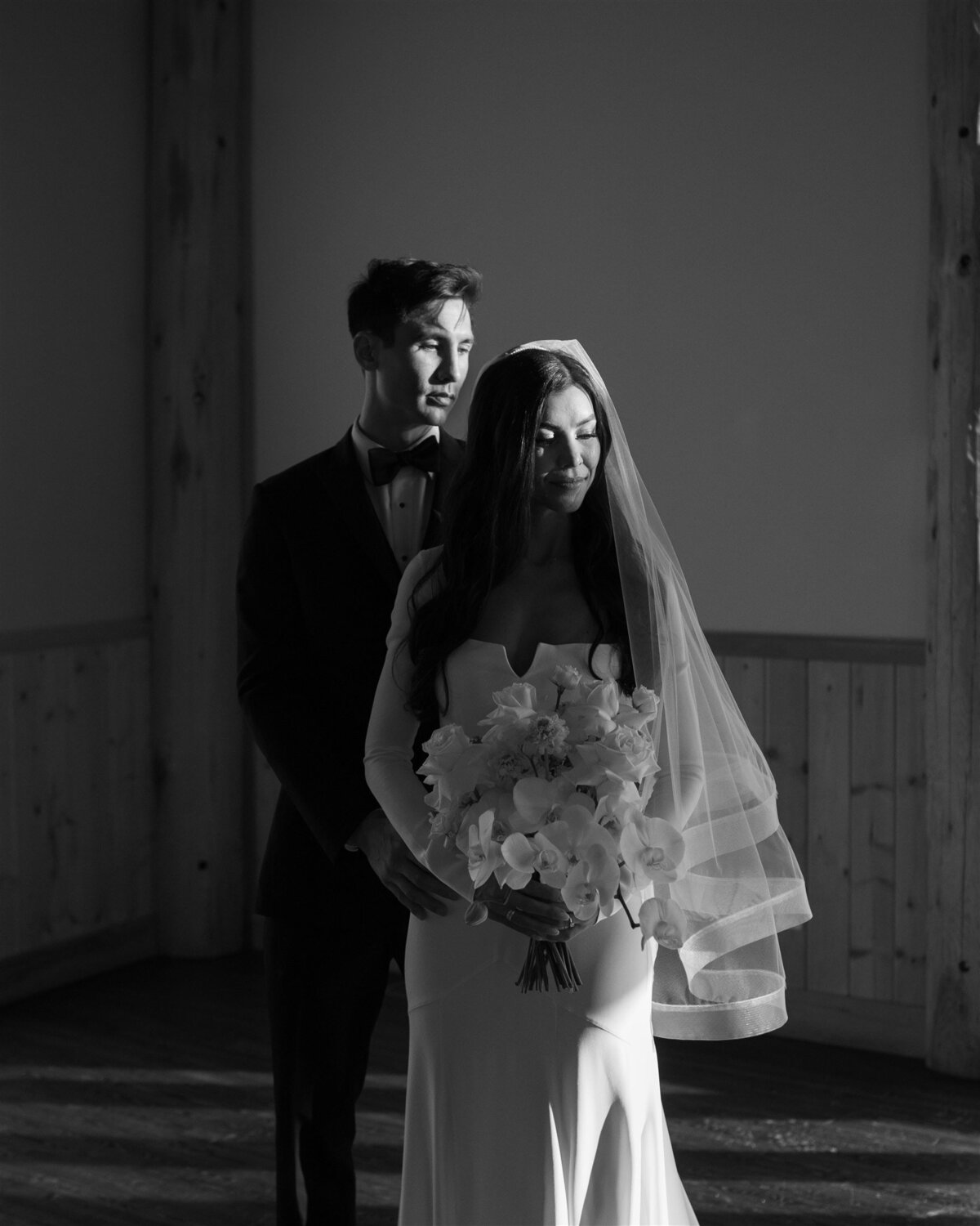 black and white photo of bride and groom