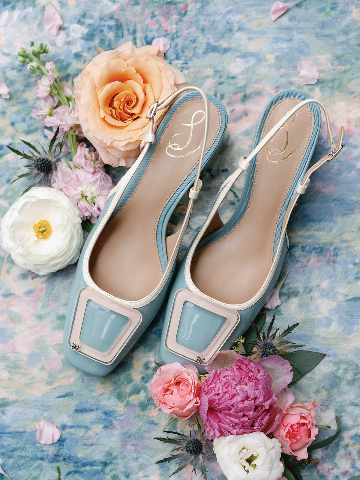 Blue wedding flats on a watercolor background