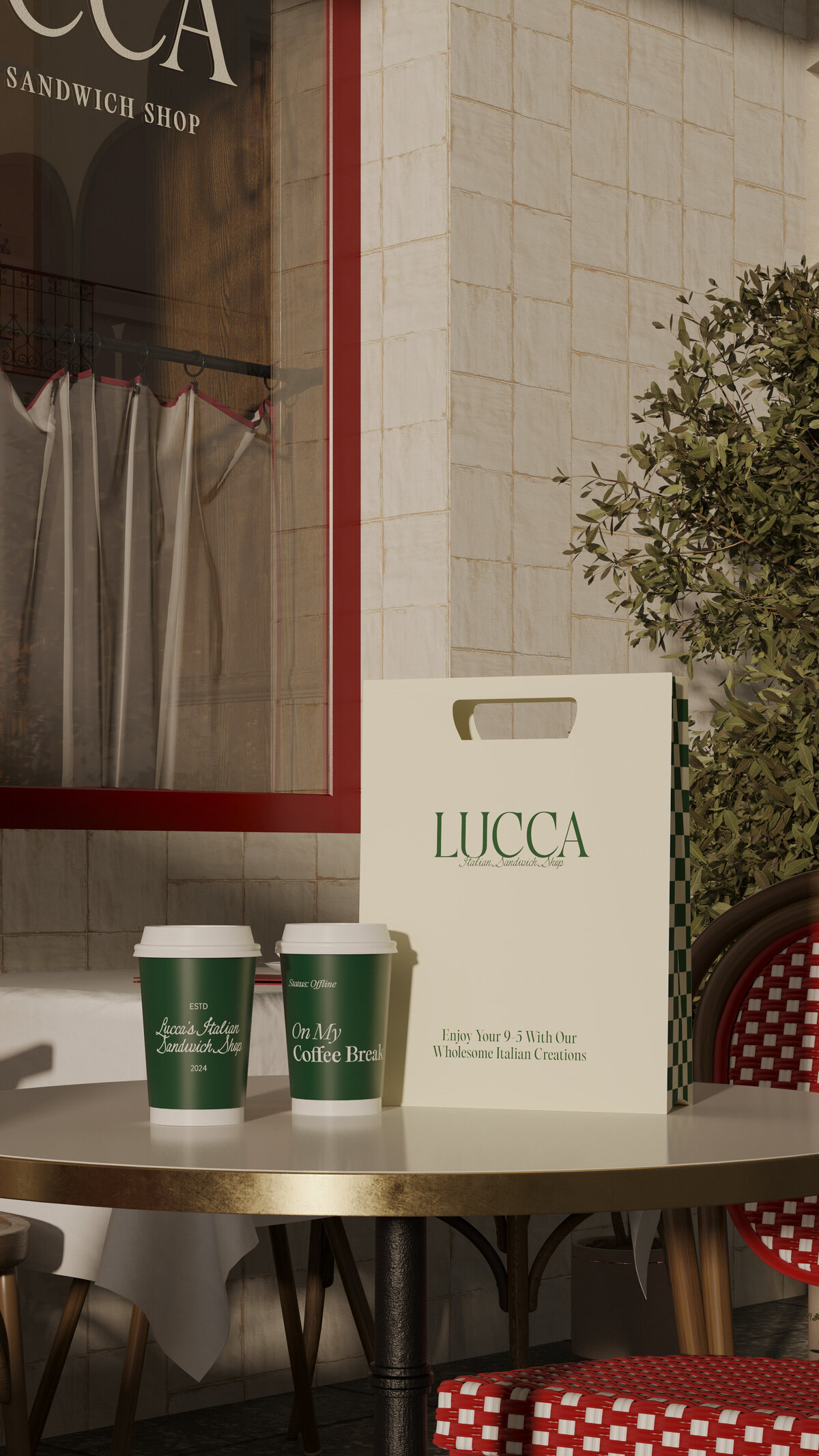 LUCCA brand identity with timeless packaging design, featuring branded coffee cups and takeaway bag at Italian café table.