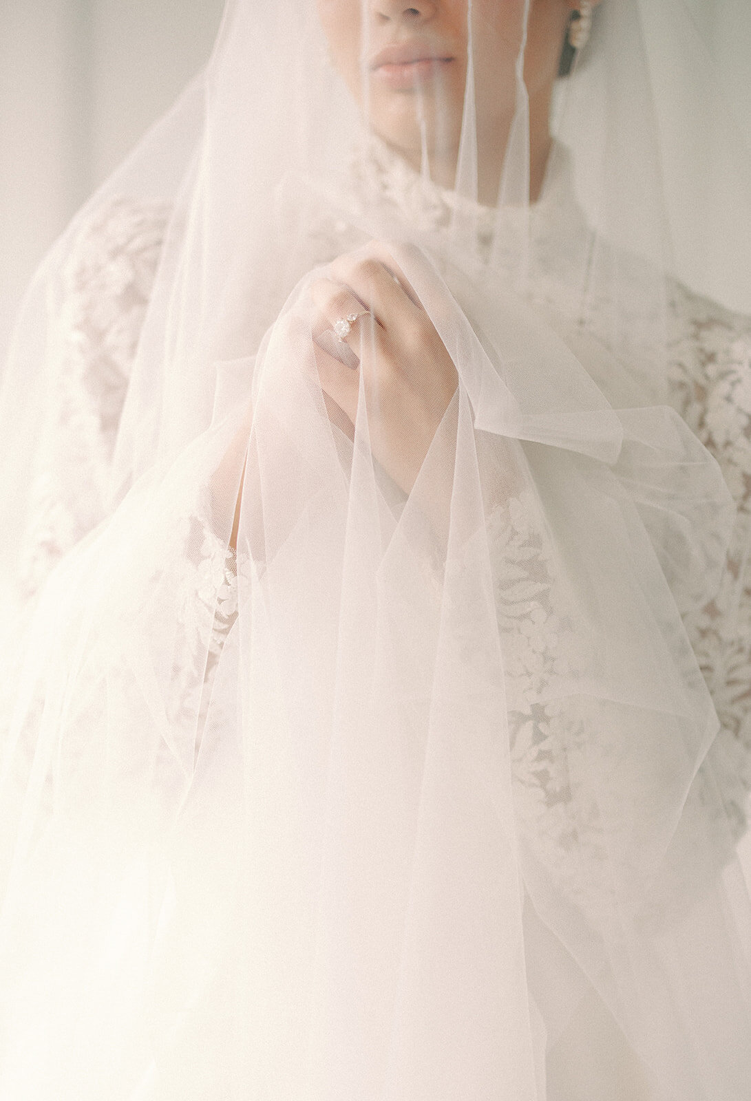Close-up of bridal dress details underneath her veil