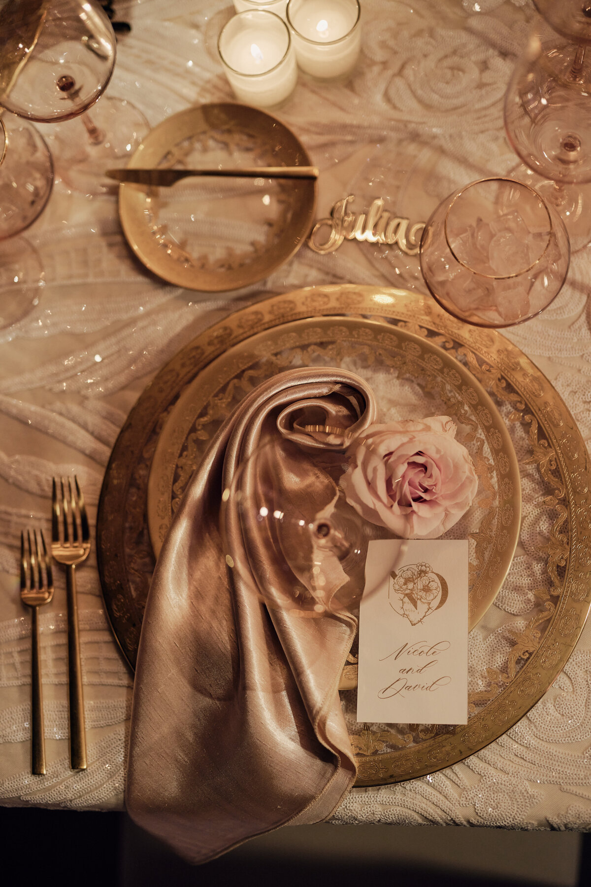 Place setting at wedding at Amangiri UTah in golden hues