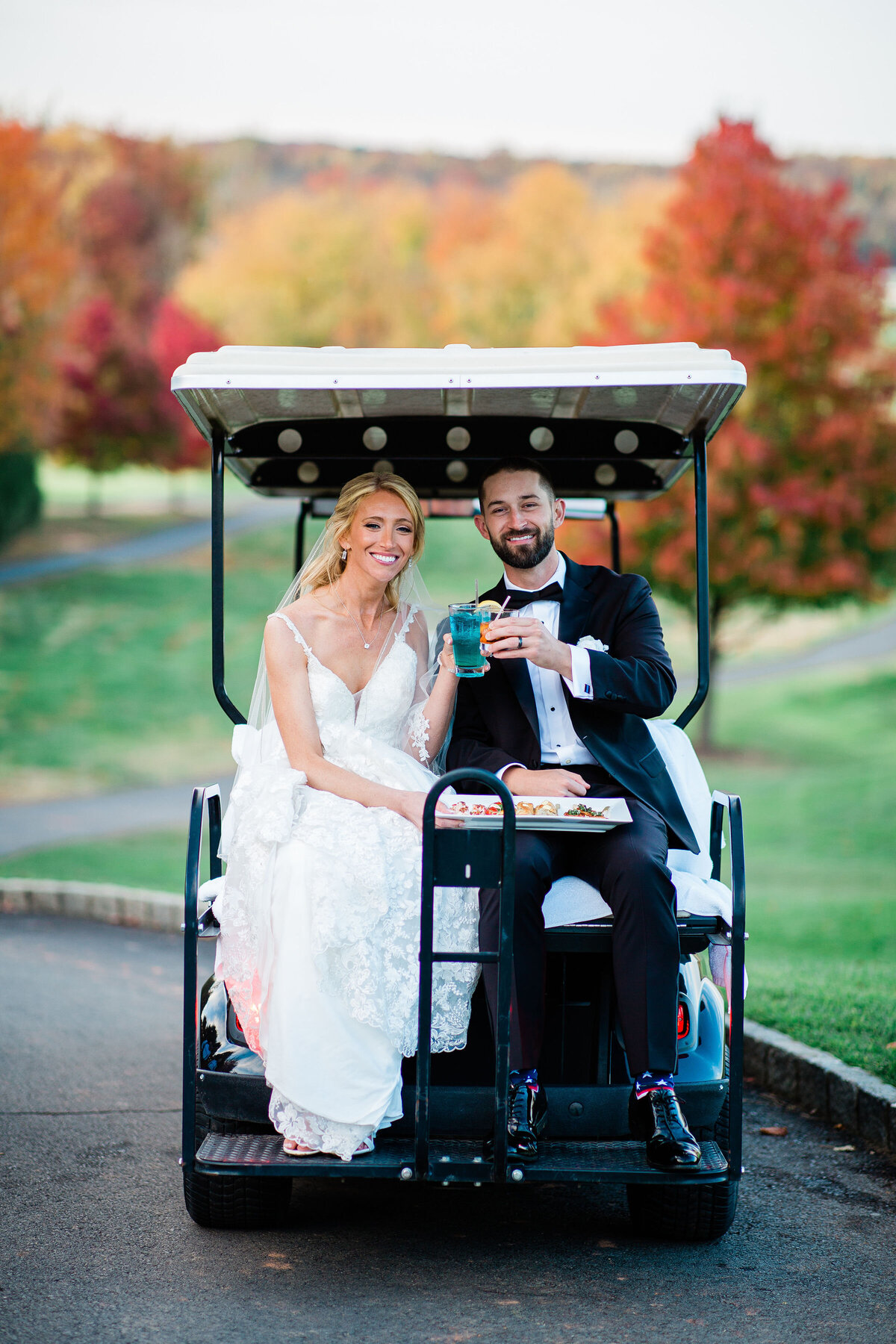 unique wedding poses bride and groom on golf cart Catesby Farm Estate