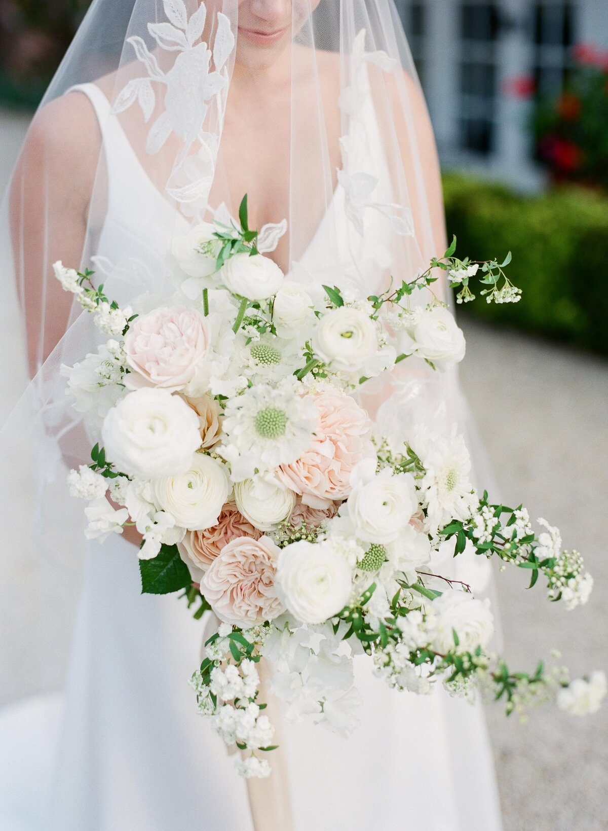 pink green + white brides bouquet