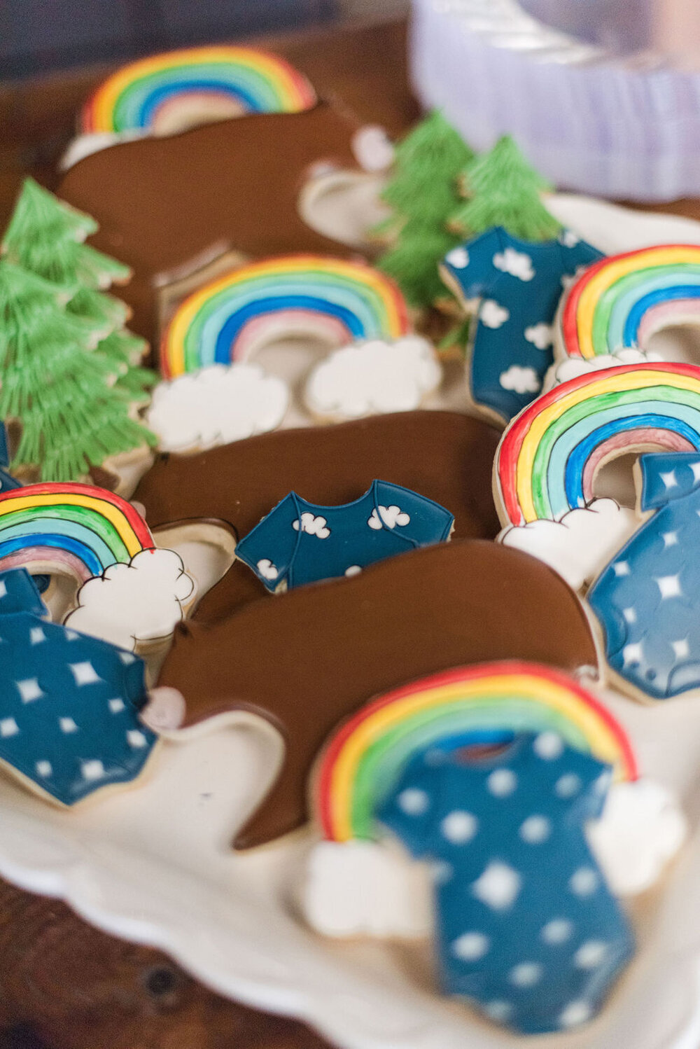 Custom decorated cookies featuring a woodland theme with designs of rainbows, trees, and baby onesies.