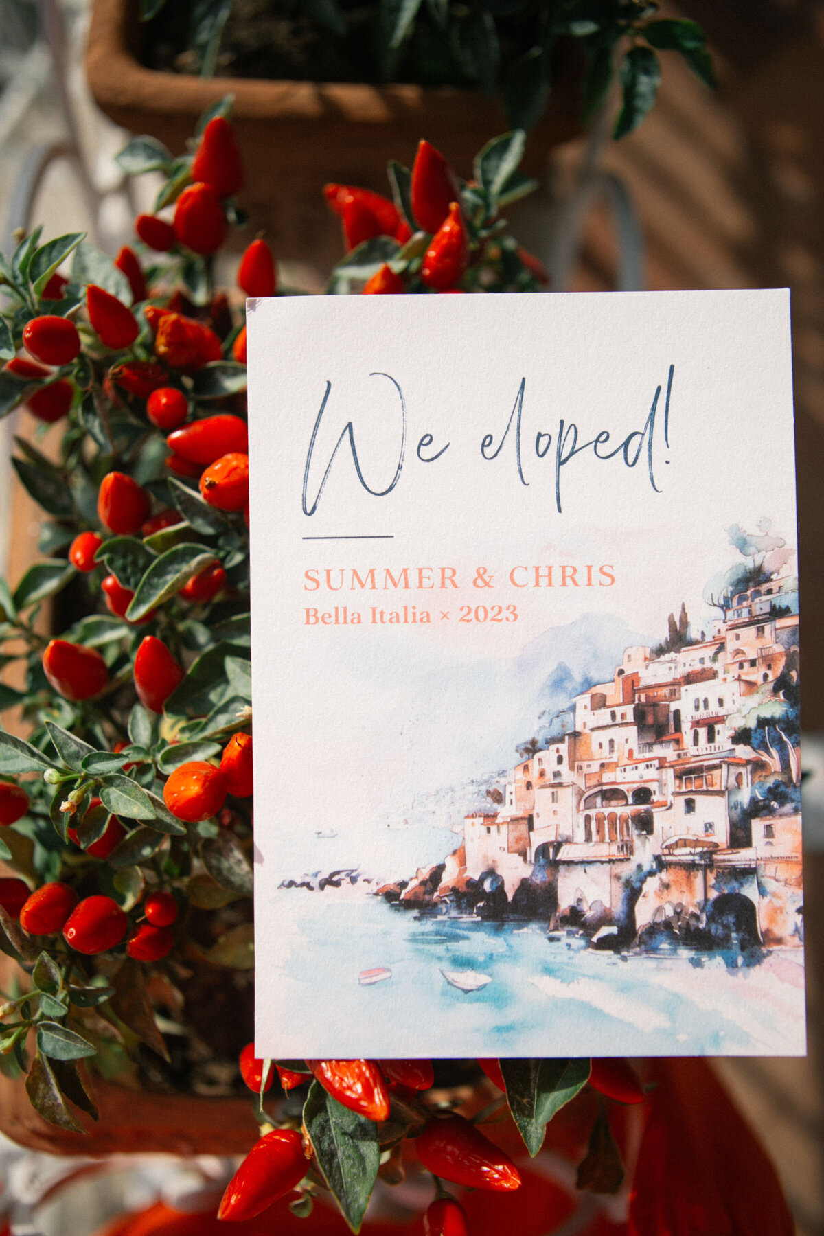 Wedding invitation styled with Mediterranean details – flatlay from Summer & Chris’ Amalfi Coast elopement