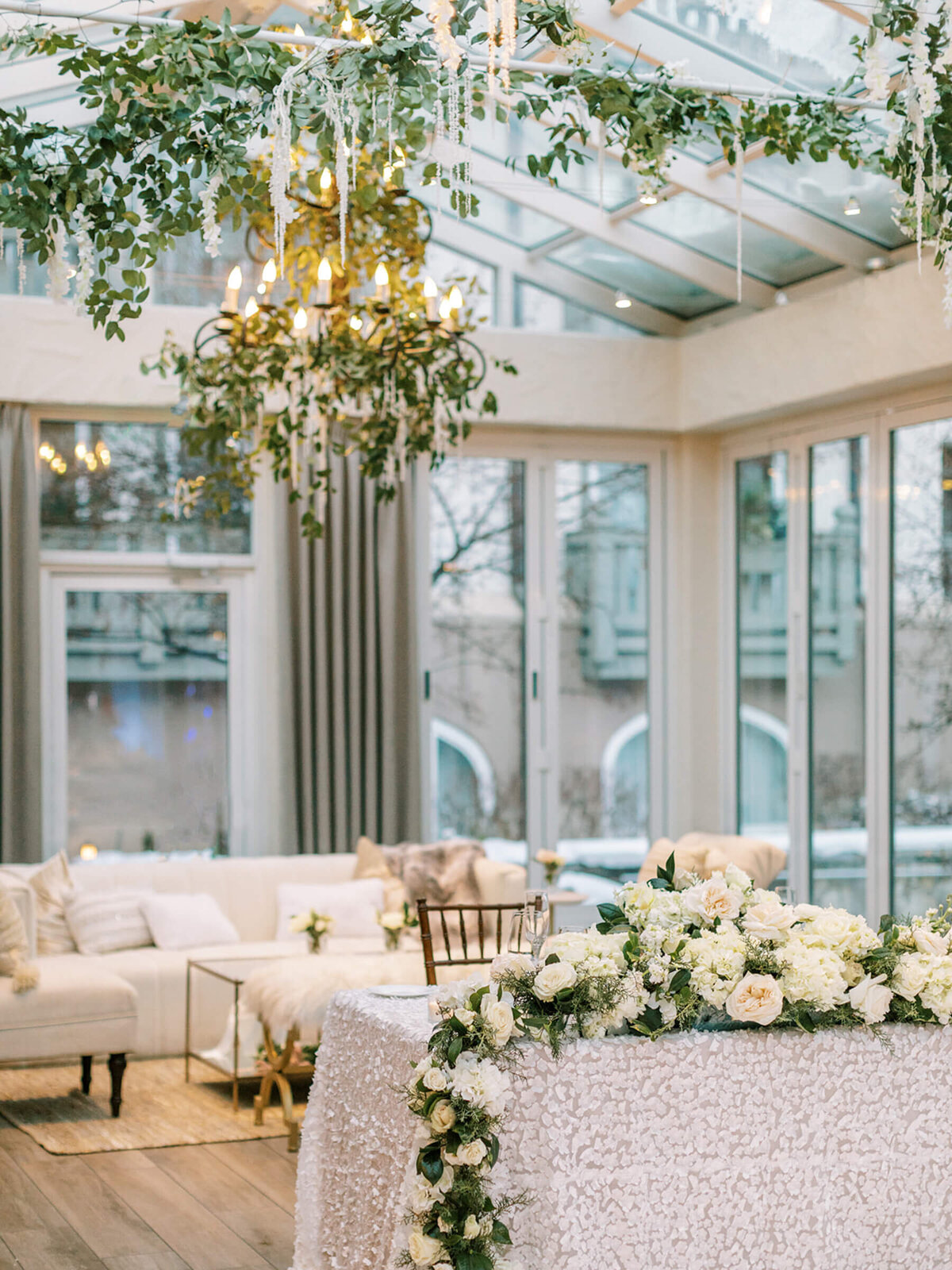 Wedding tables with custom floral garlands in Vail, Colorado