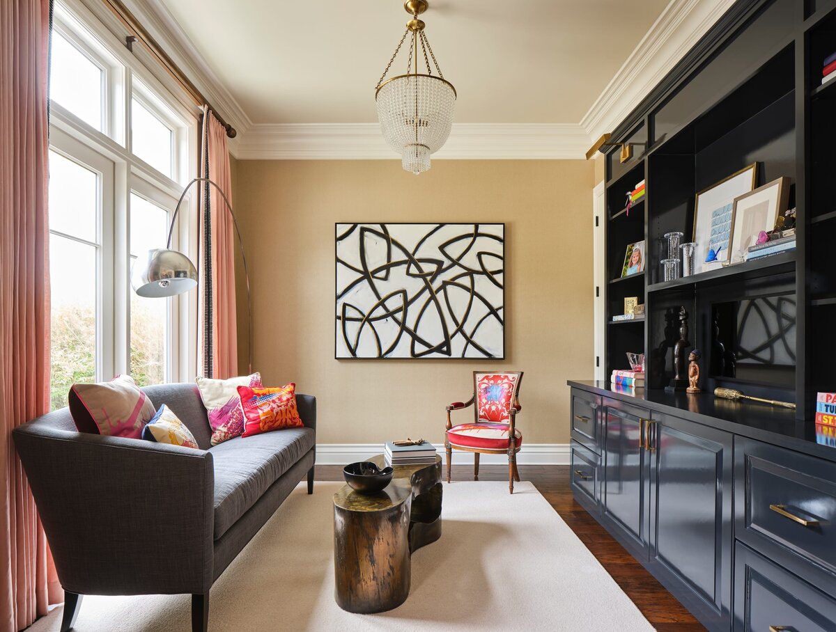 the keeping room interiors lilac sitting room with abstract painting and dark blue entertainment center