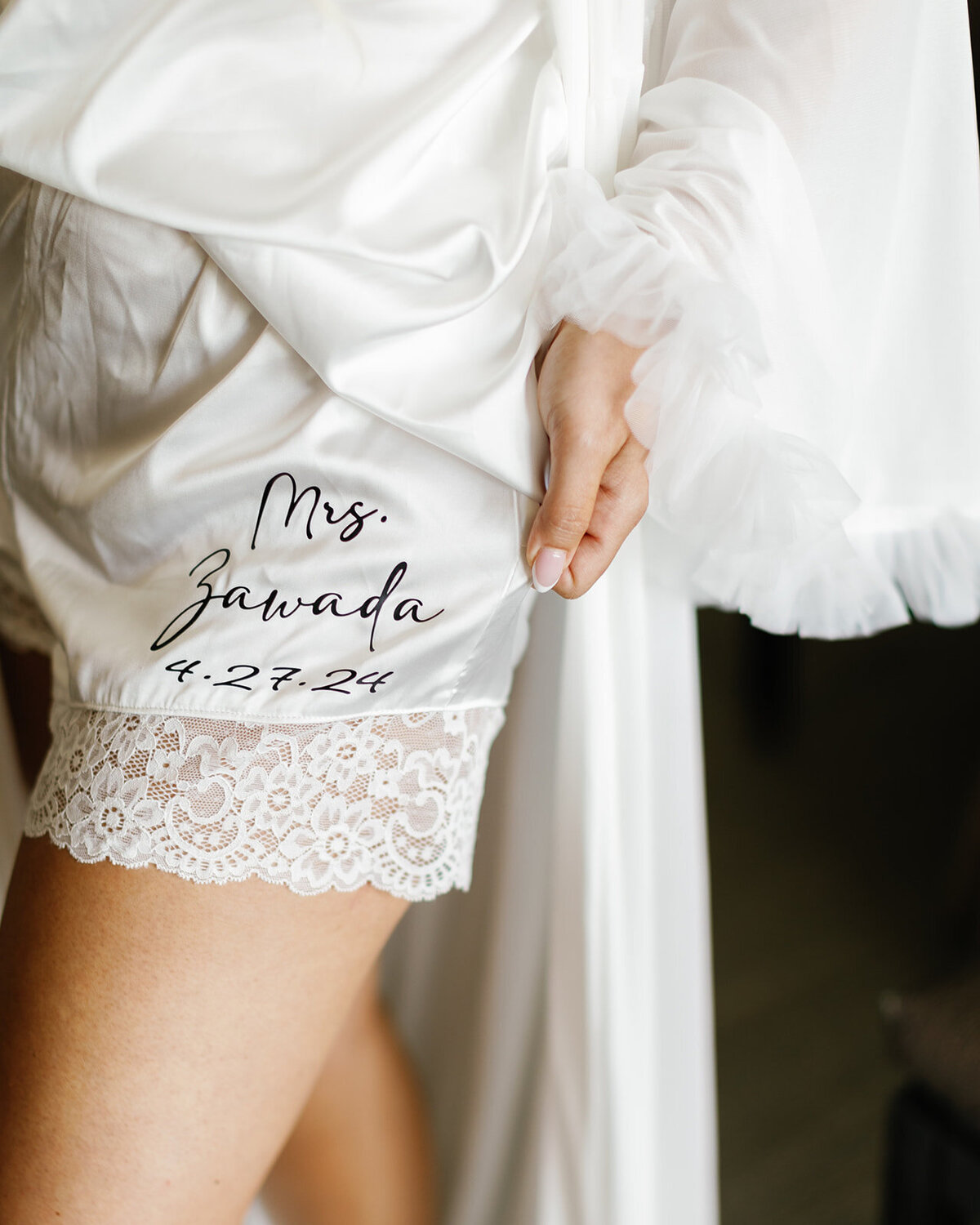 Brenda’s personalized wedding robe featuring ‘Mrs. Zawada’ at Cheeca Lodge.