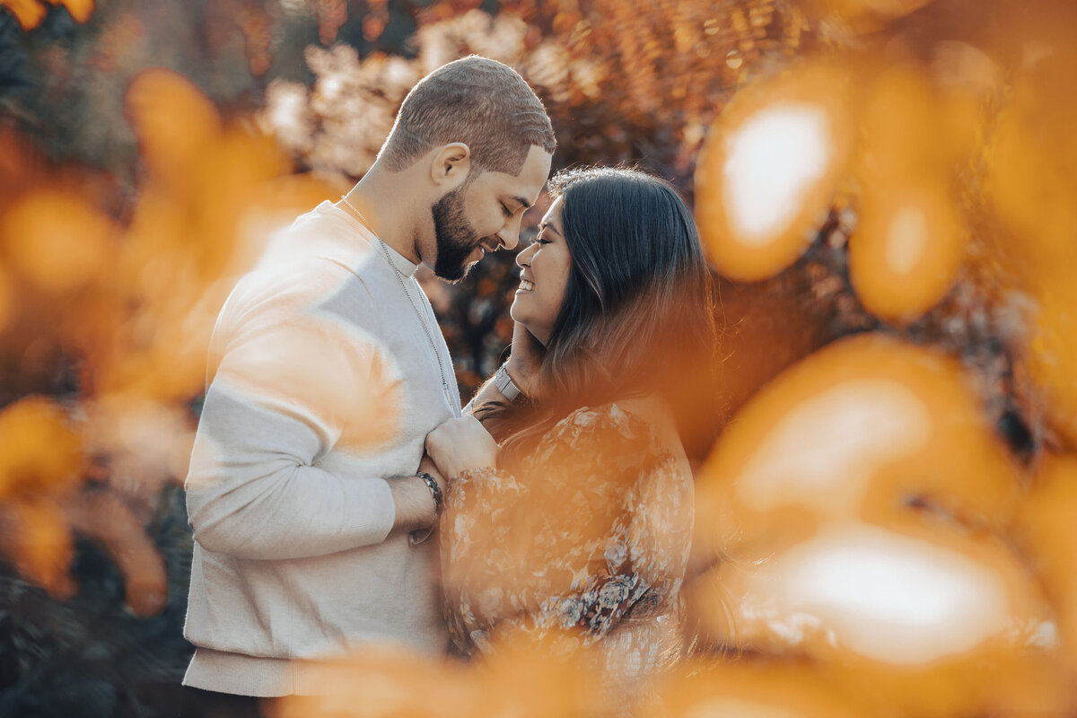 Couple with foreheads together surrounded by orange foliage during fall engagement session at Sayen House and Gardens in Hamilton Township New Jersey