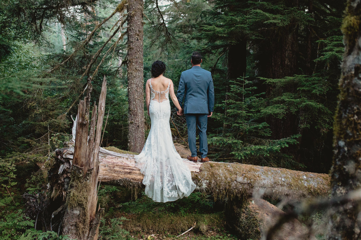 A bride and groom portrait in the woods outside of Seattle Washington