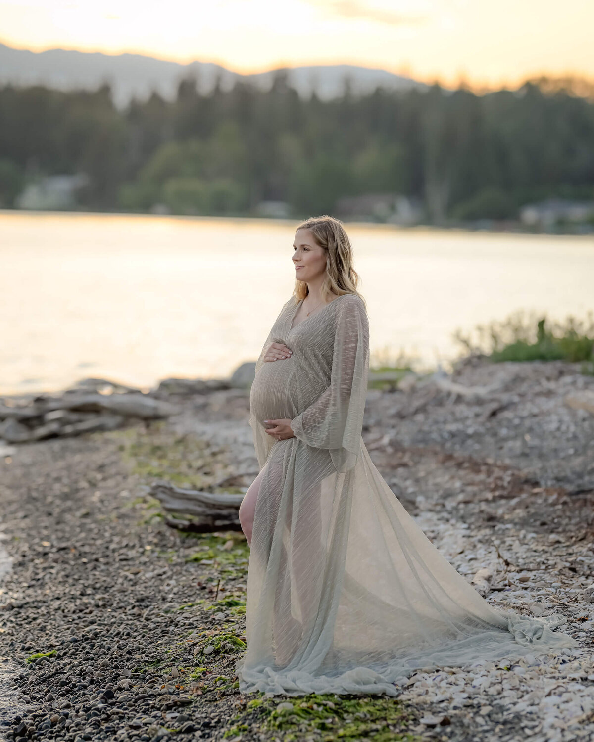 E. Benecki Photography photographs a mom-to-be in a sheer golden dress, glowing in the soft light of the setting sun.