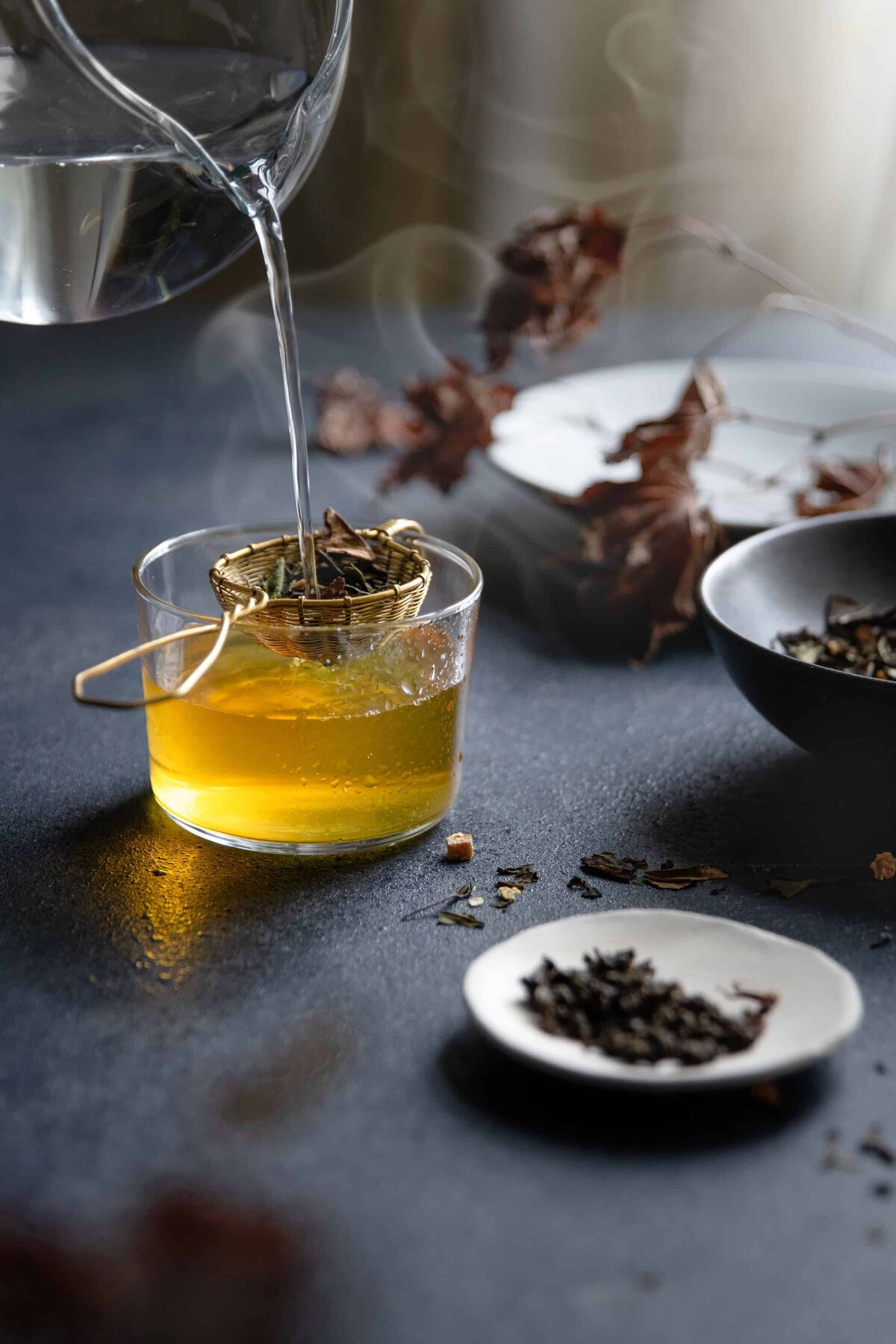 Richmond Virginia product photography of loose leaf tea styled for moody wellness and artisan tea brands.