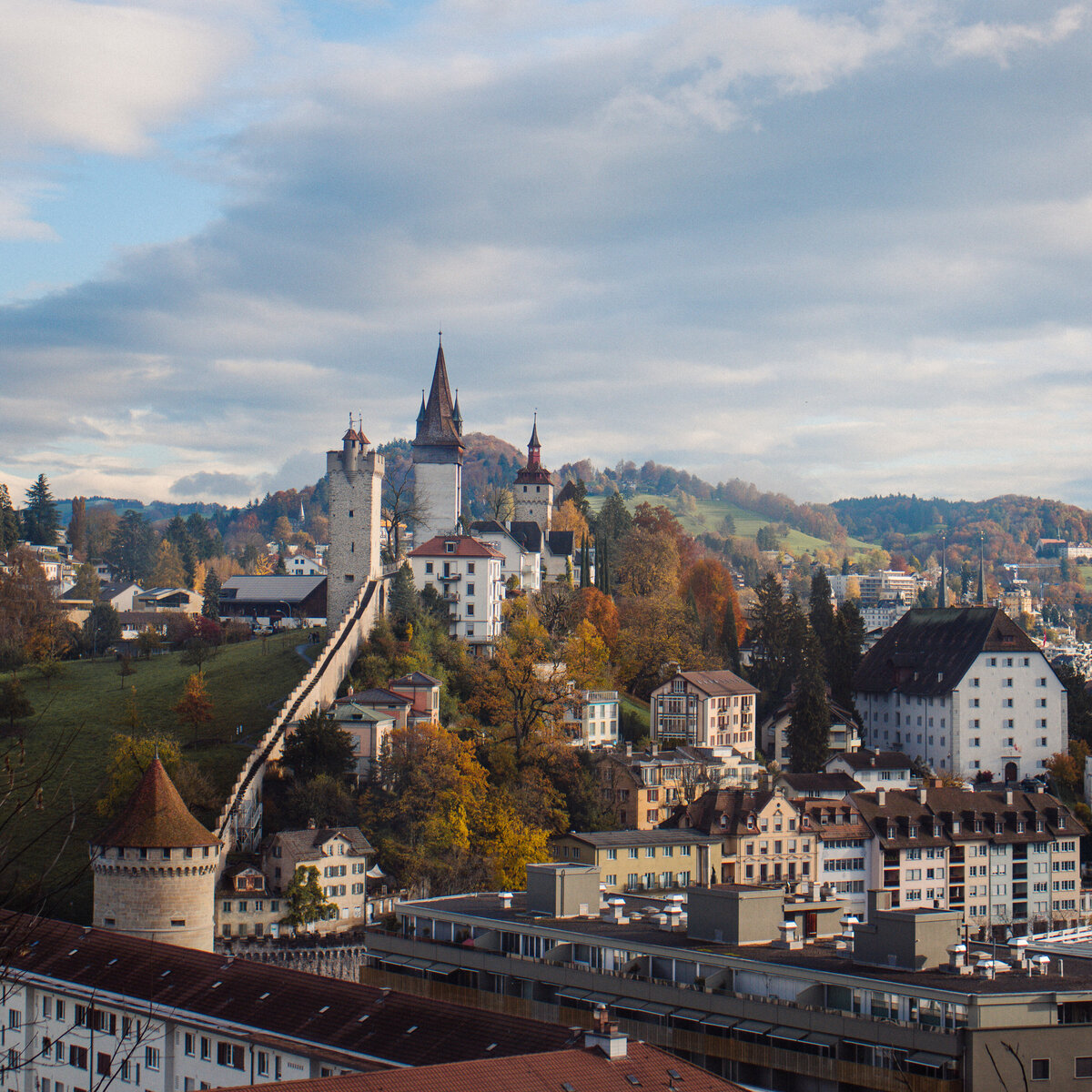switzerland city of lutzern with ramparts and castle towers on a clear day