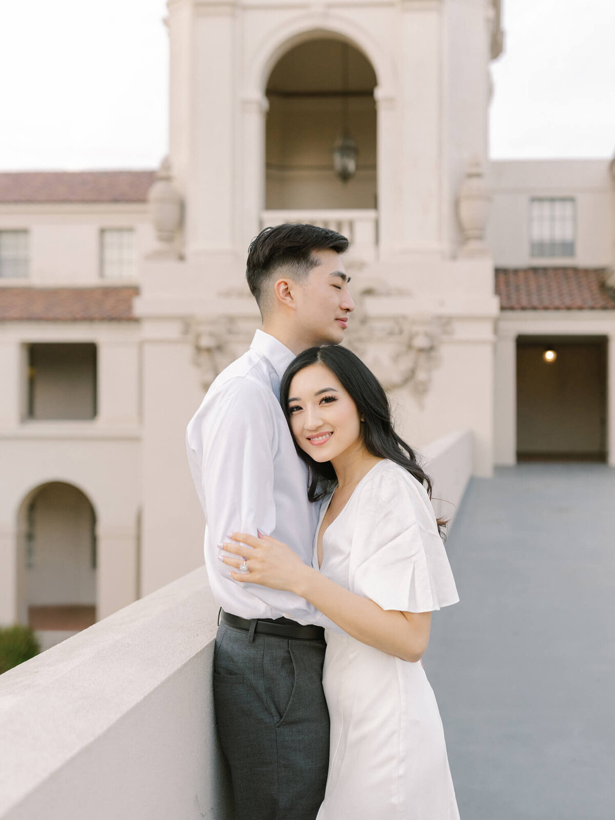 asian couple engagement photo at pasadena city hall
