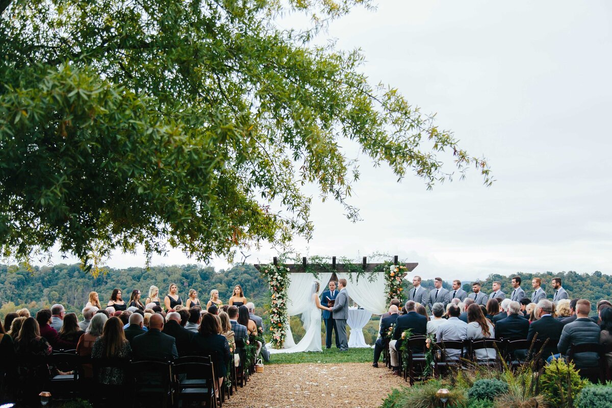 Wide angle photo of ceremony at Blountville TN Wedding venue Chateau Selah