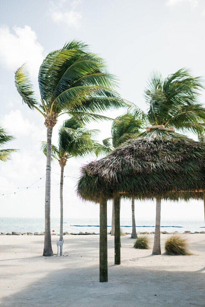 A serene view of the wedding venue featuring swaying palm trees and a thatched-roof umbrella on the sandy shore, setting the perfect backdrop for a Florida Keys destination wedding. Captured by Claudia Amalia Photography.