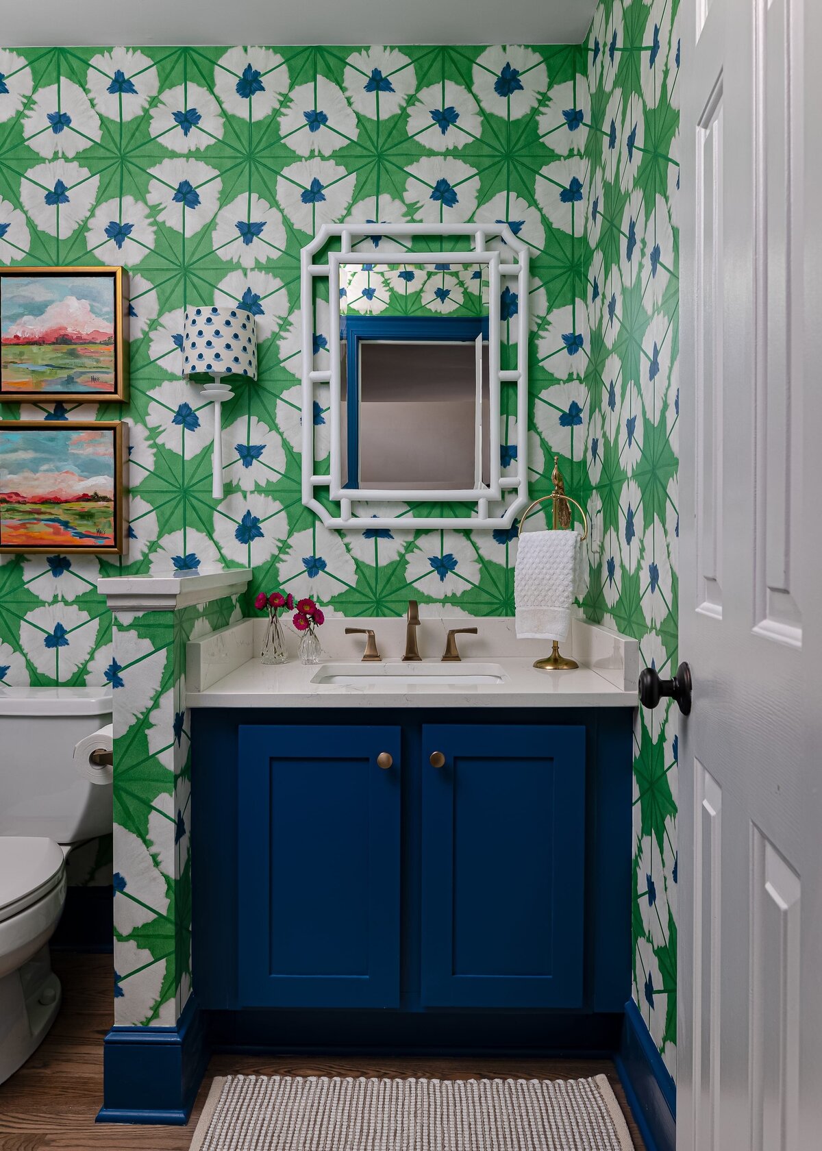 melinda chesson interiors meadowood place green and blue wallpaper bathroom