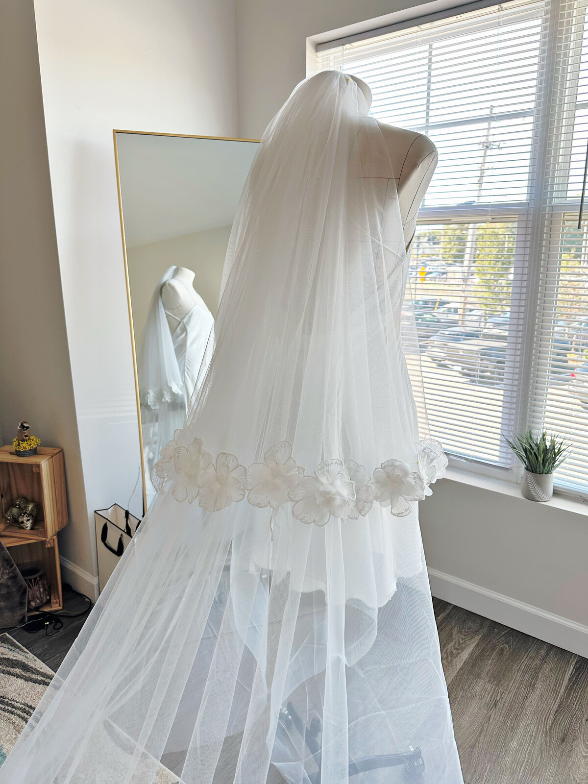 Romantic soft tulle blusher veil with lace all around edge
