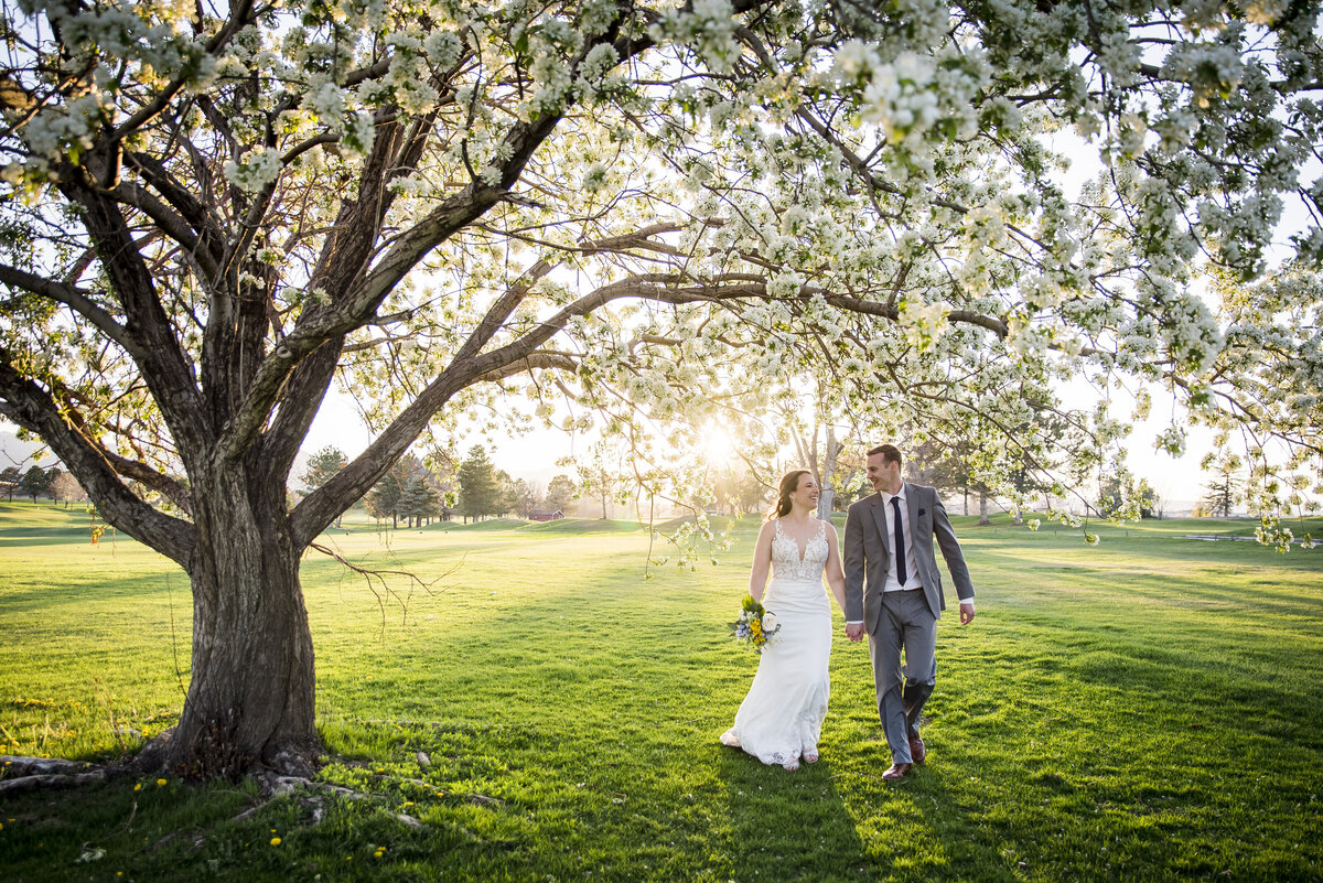 A bride and groom walk toward the camera holding hands in a grassy field with a springtime tree above them.